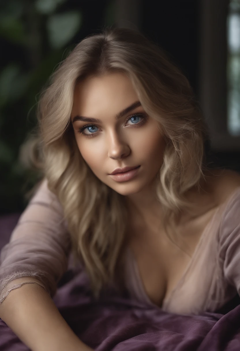 Arafed woman completely , fille sexy aux yeux bleus, ultra realist, Meticulously detailed, Portrait Sophie Mudd, cheveux blonds et grands yeux, selfie of a young woman, Yeux de chambre, Violet Myers, sans maquillage, maquillage naturel, looking straight at camera, Visage avec Artgram, Maquillage subtil, Great photo of the whole body kneeling on the bed, dans la chambre, Medium to large bust