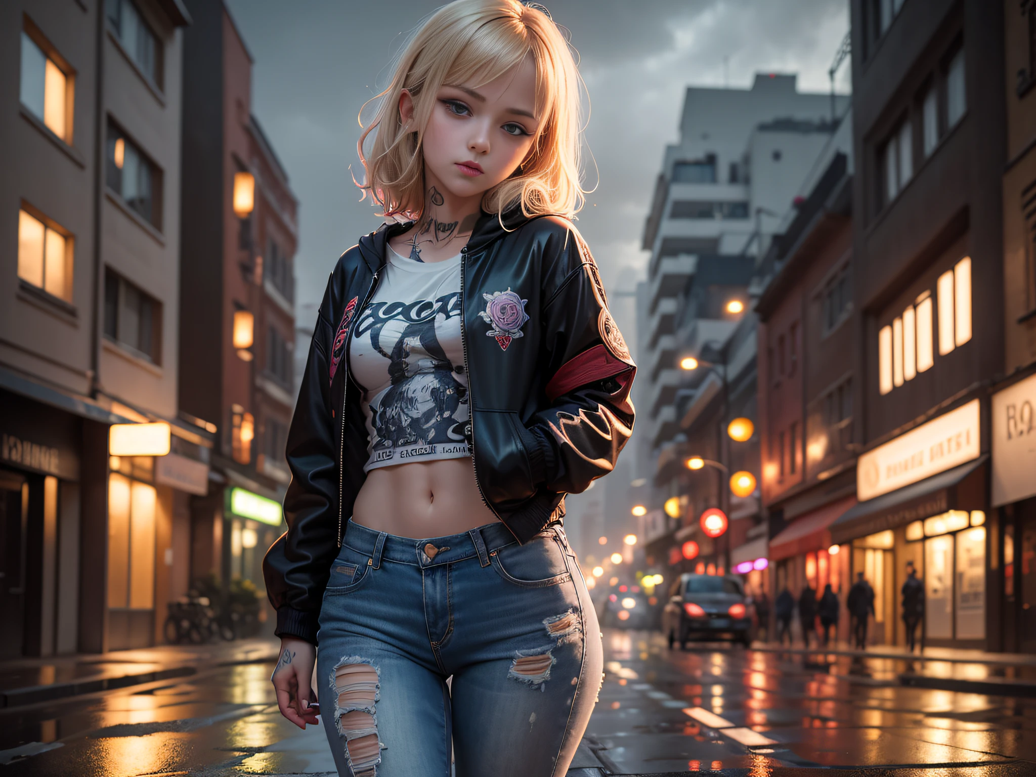 Photographie en gros plan, Jeune femme suicide girl avec des tatouages sur le corps, toute petite poitrine sous son t-shirt, confiante aux cheveux blonds et roses avec une frange et des nattes, porter un blouson en jeans sans manches avec des motifs roses et bleus dessus, in a street soaked by rain at night, photoreallistic, lighting cinematic