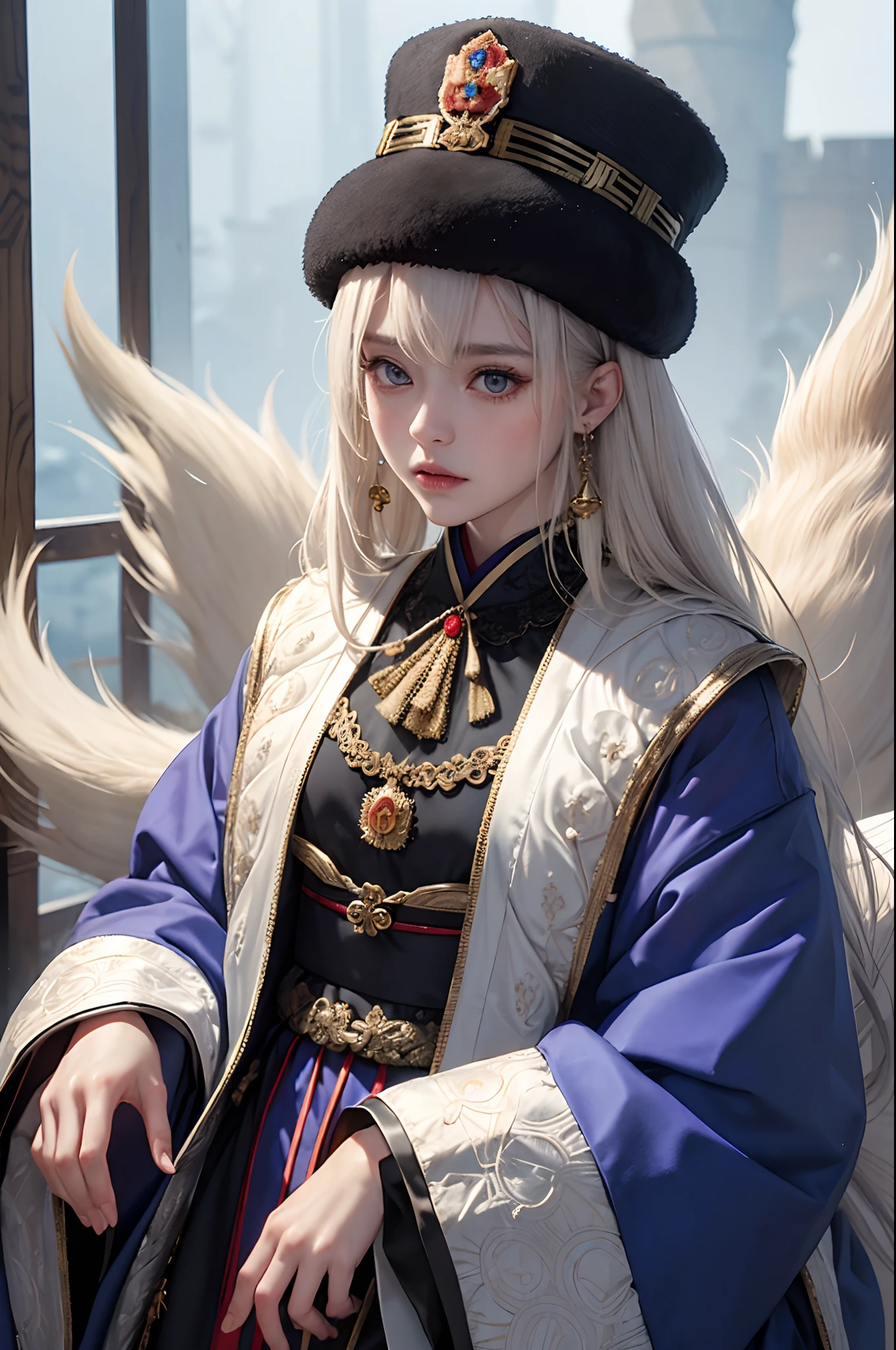 (Russian clothes:1.5), official arts, Unity 8k壁纸, Super detailed, Beautiful, Beautiful, Masterpiece, Top Quality, Too stylish, choice, an alchemist, Alchemy in alchemy, darkness, vibe, mystery, romanticism, Erotic, Creepy, literature, Art, moda, Victorian, decoration, Complexity, Silverware, lace, contemplation, emotional depth, supernatural, one girls, (Japanese kitsune:1.3), 独奏, neck, portrait composition