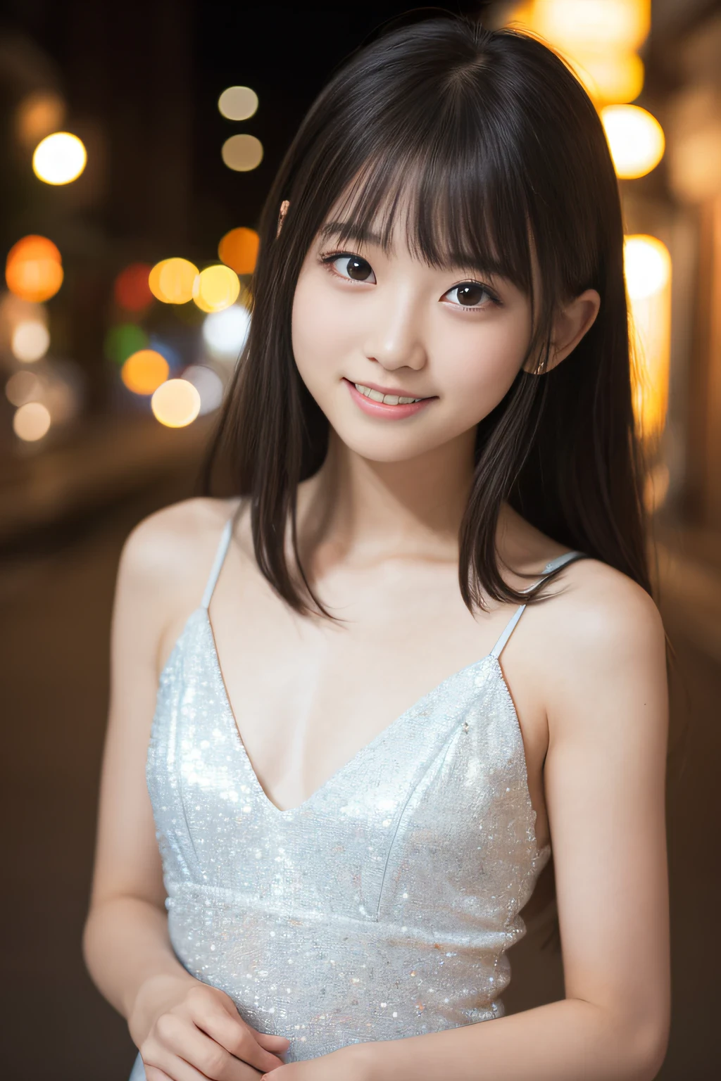 masutepiece, Best Quality, 8K, 15yo student, Teen, Raw photo, absurderes, award winning portrait, Smile, Smile, Solo, Night, neons, Idol face, violaceaess, gardeniass, Delicate girl, Upper body, Digital SLR, Looking at Viewer, Candid, Sophisticated, zora々Right, Thin arms, Professional Lighting, Film grain, chromatic abberation, (Eyes and faces with detailed:1.0), (Bokeh:1.1)