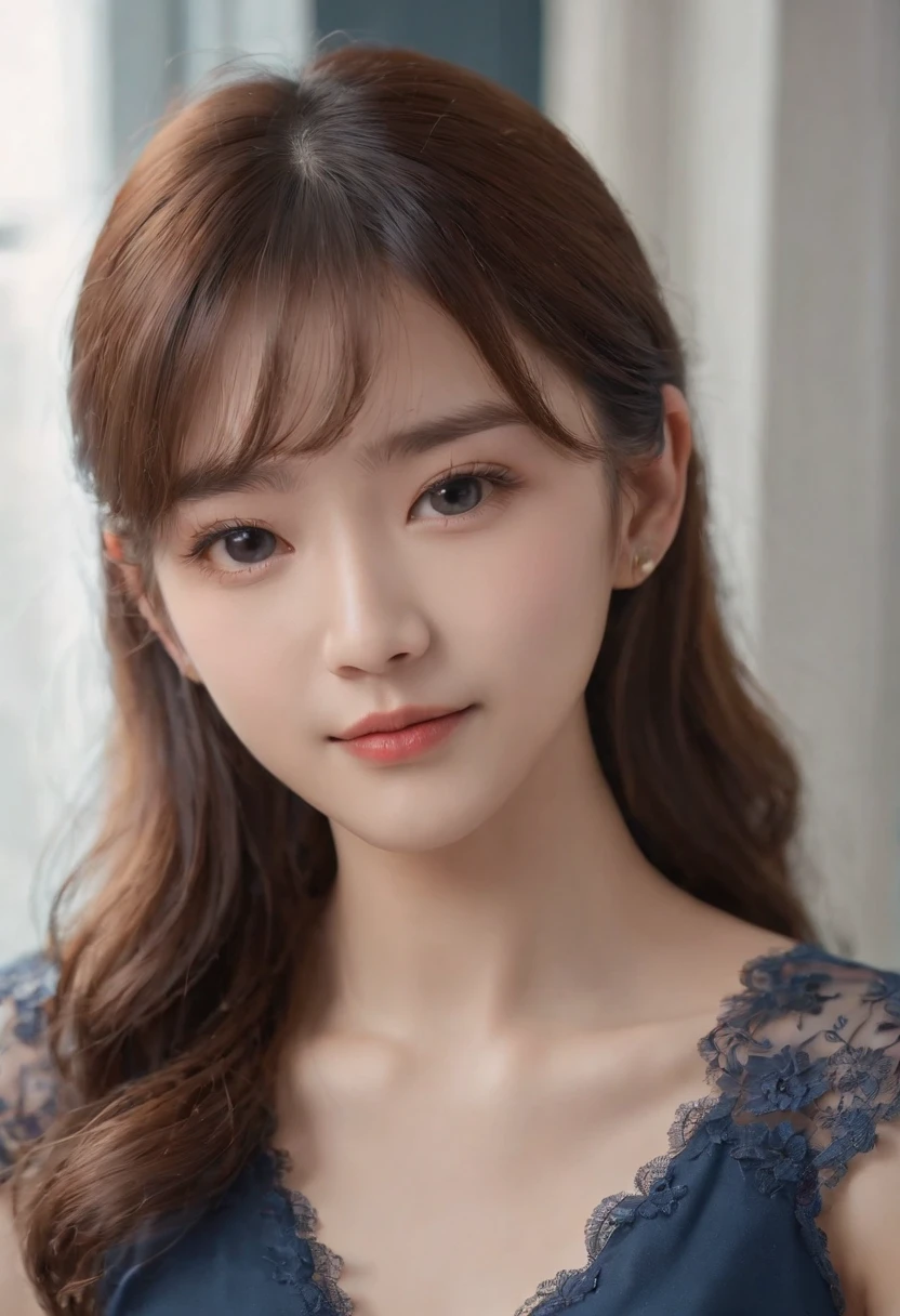 top-quality, Photorealsitic, masterpiece, 8K, Hi-Res, 独奏, 1girl in, (((infp young woman))),、full body Esbian、(small tits), ((Look at viewers)), (look at a camera), ((Different hairstyles close to long))、Perfect straight black hair、(((With bangs)))、 (profetional lighting), Highly detailed bright face、Gentle Japan girl、Lovely smile、Small cleavage、Blue dress with lace(long-sleeve)、Standing in the room