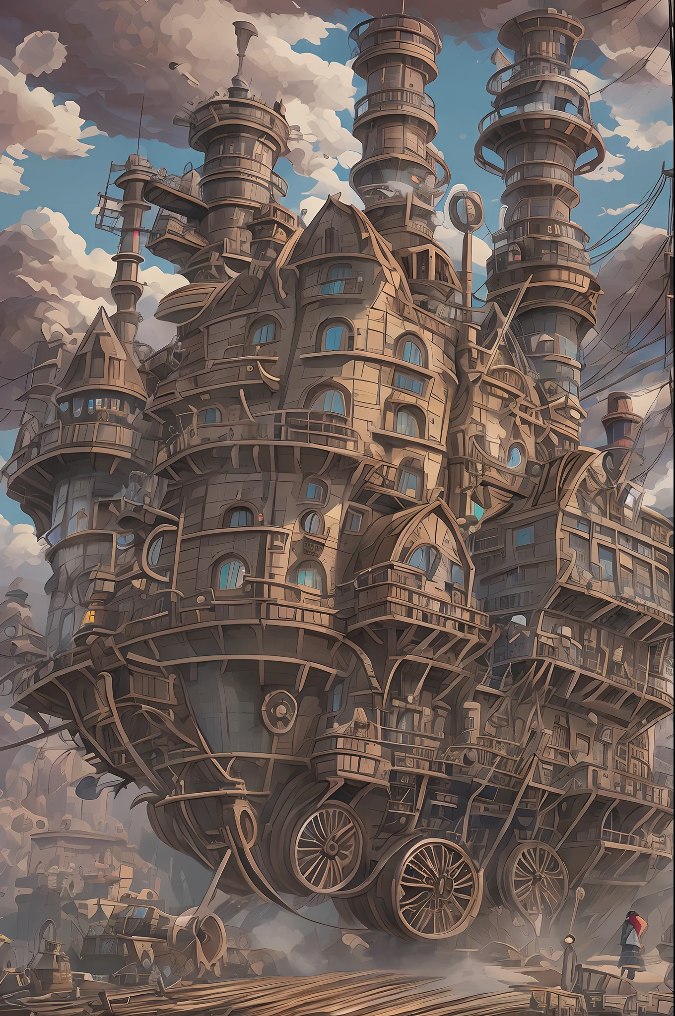 steampunc，Hayao Miyazaki animation，Howl's Moving Castle，Huge moving castle，dynamic blur，super-fine，ultra - detailed，high qulity，8K ，oc rendered，dynamic viewing angle，Hyper Real，Ultra photo realsisim