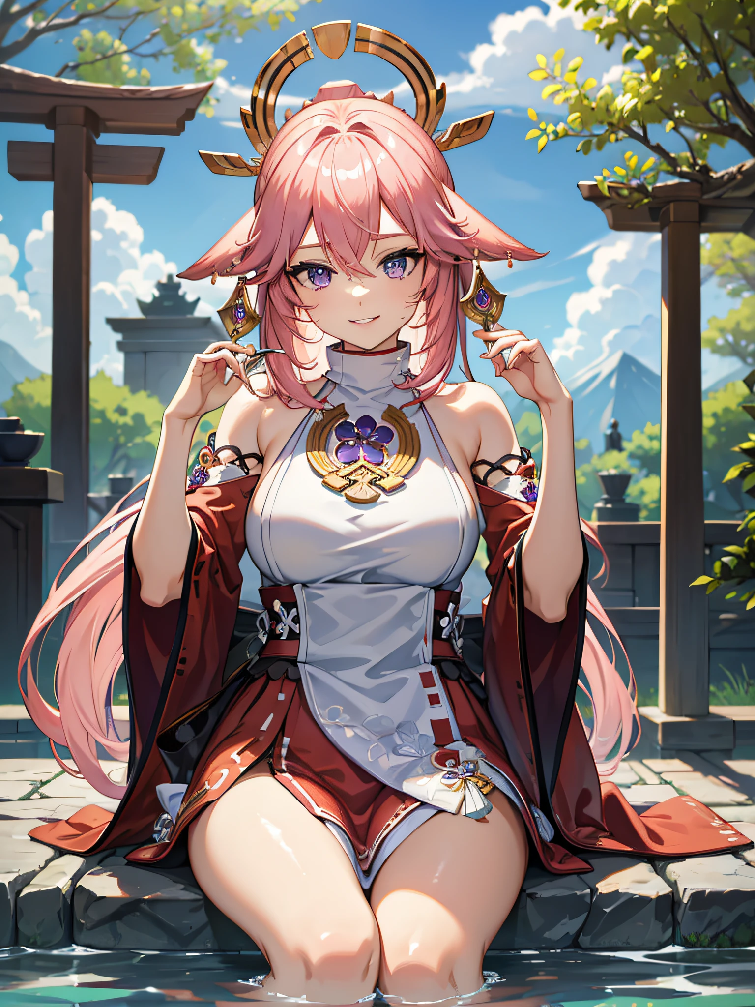 (masterpiece, best quality:1.2), highres, high resolution, solo, 1girl, yae miko, pink hair, side locks, long hair, purple eyes, smile, looking at viewer, seiza, hair ornament, Japanese clothes, sideboob, jewelry, earrings, large breast, large boobs, large chest, light smile, teeth, bare shoulders, portrait shot, upper body shot, BREAK outdoors, sitting, hot spring, legs in water, legs crossed, legs, thighs, steps, blur background, standing, beautiful face, perfect fingers, perfect anatomy. PORTRAIT SHOT, masterpiece, high quality.