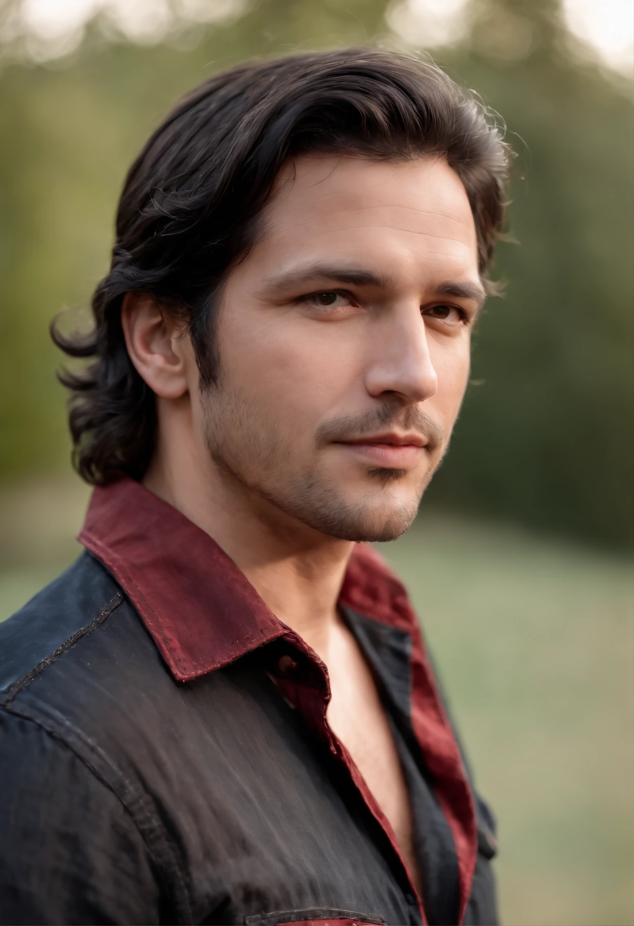 A 39 year old man with black wavy hair and deep brown eyes wearing a black and red cowboy shirt, black jeans and dark brown boots