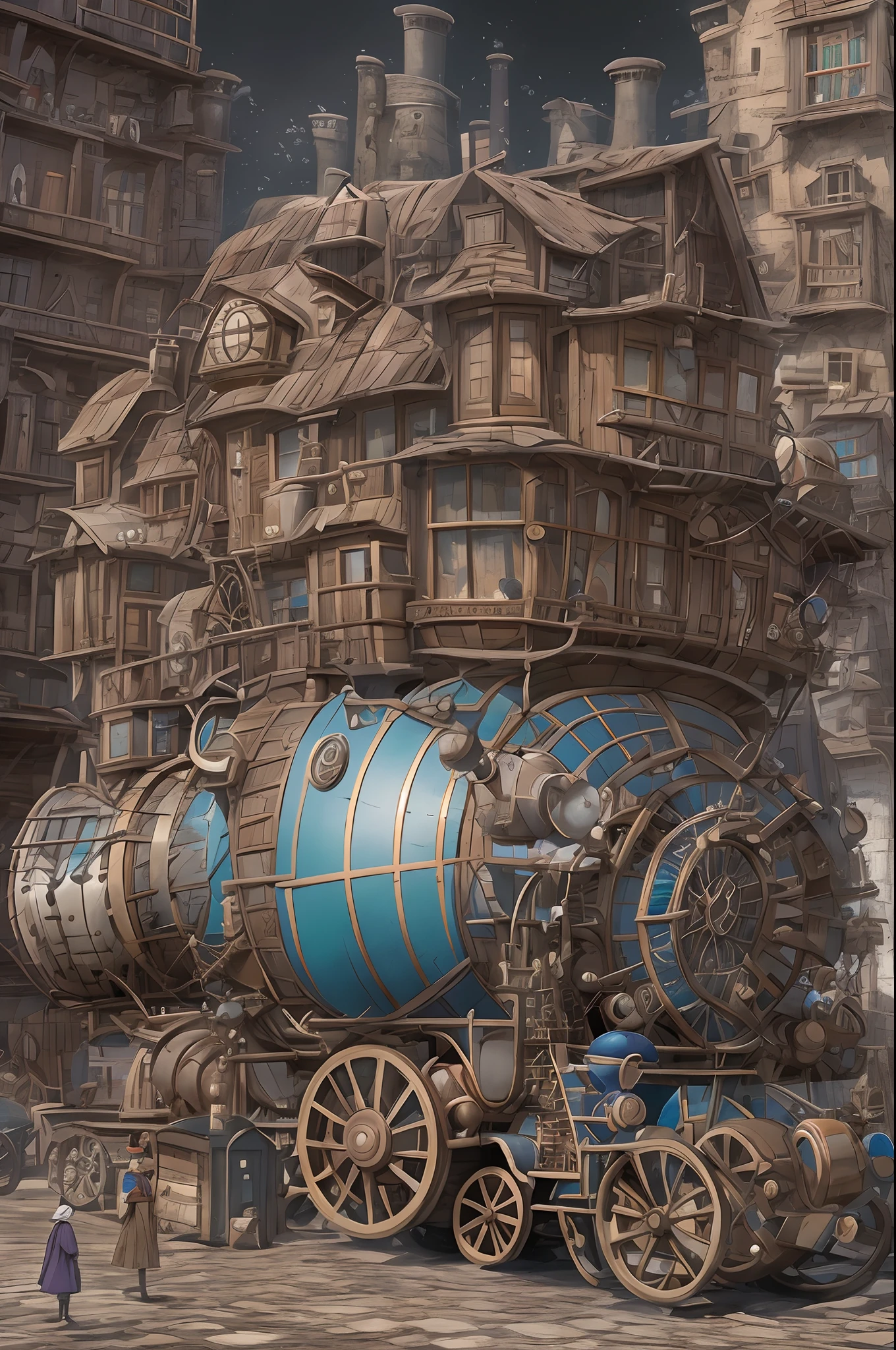 steampunc，Hayao Miyazaki animation，Howl's Moving Castle，Huge moving castle，dynamic blur，super-fine，ultra - detailed，high qulity，8K ，oc rendered，dynamic viewing angle，Hyper Real，Ultra photo realsisim
