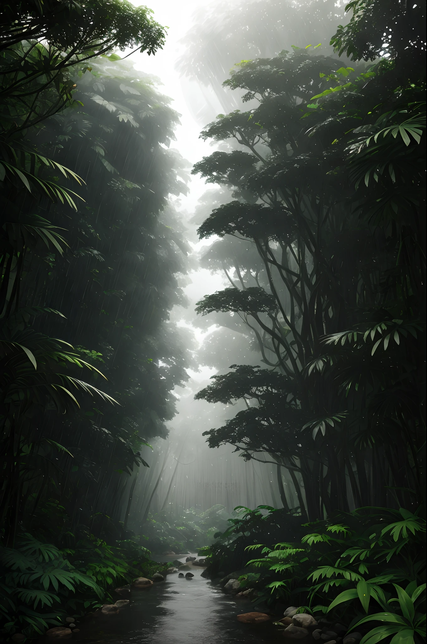 Jungle, heavy rainfall, monochrome, vines everywhere, huge and humid trees, masterpiece, best quality, high quality, very detailed CG unified 8k wallpaper, oil painting, award-winning photography, bokeh, depth of field, HDR, bloom, color difference, realism, very detailed, trends on artstation, trends on CGSociety, intricate, high detail, drama, midjourney art, volumetric lighting