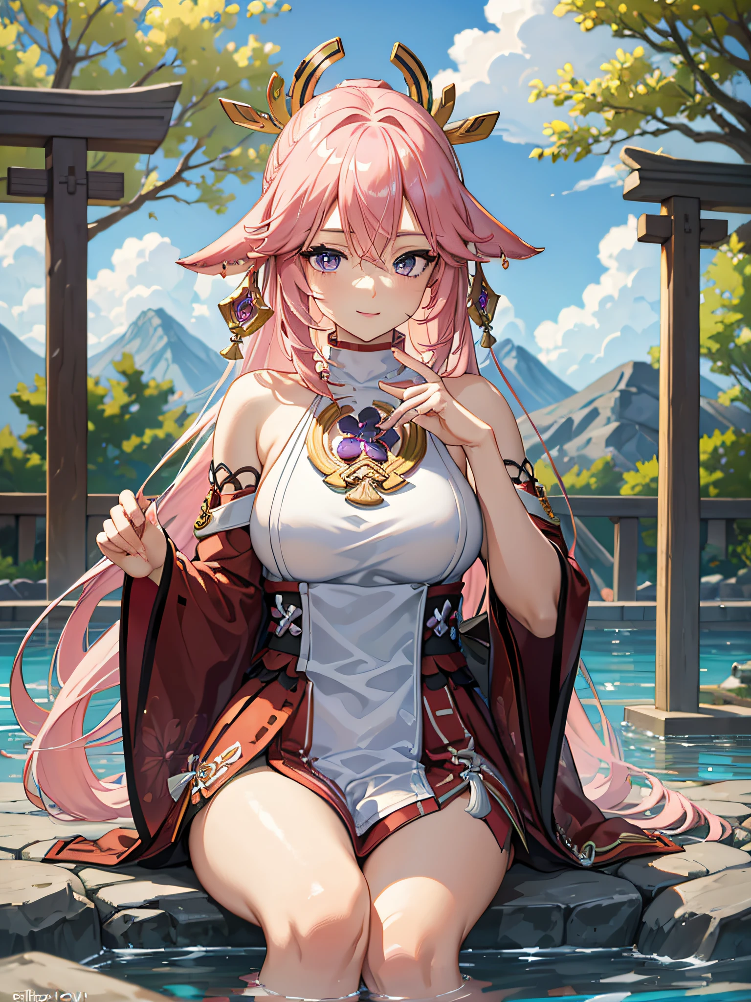 (masterpiece, best quality:1.2), highres, high resolution, solo, 1girl, yae miko, pink hair, side locks, long hair, purple eyes, smile, looking at viewer, seiza, hair ornament, Japanese clothes, sideboob, jewelry, earrings, large breast, large boobs, large chest, light smile, teeth, bare shoulders, portrait shot, upper body shot, BREAK outdoors, sitting, hot spring, legs in water, legs crossed, legs, thighs, steps, blur background, standing, beautiful face, perfect fingers, perfect anatomy. PORTRAIT SHOT, masterpiece, high quality.