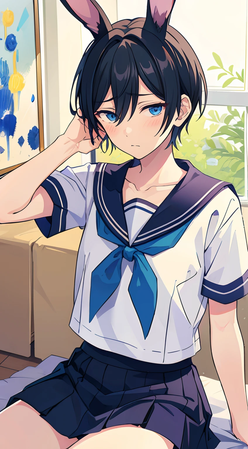 hidaka hokuto, black hair, blue eyes,  in bed, sad, blushing,  1boy, solo, ensemble stars