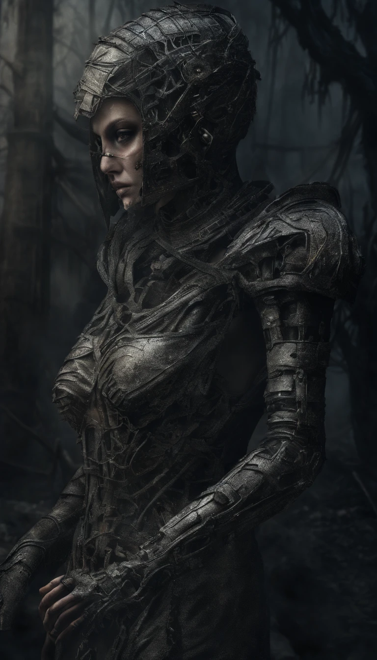 Beautiful cyborg warrior woman in rusty magic style, Ascenso cyberpunk, Cyber Software, ciborg, fibras de carbono, cromar, Implantes, Calavera de metal, Cybernetic plate armor, (atmosfera oscura:1.2), (niebla & Humo ondulando), (Es noche oscura:1.3), Las cicatrices, (cabello oscuro peludo de longitud media:1.1), (sombras de ojos:1.1), (Brillo bellamente detallado:1.2), (cinematic lighting), Detalles intrincados, A high resolution, ojos redondeados, Detailed facial features, foco nítido, liso, aesthetic, Fondo oscuro detallado de la planta industrial, Pose elegante, dynamicposes, (dramapaint)