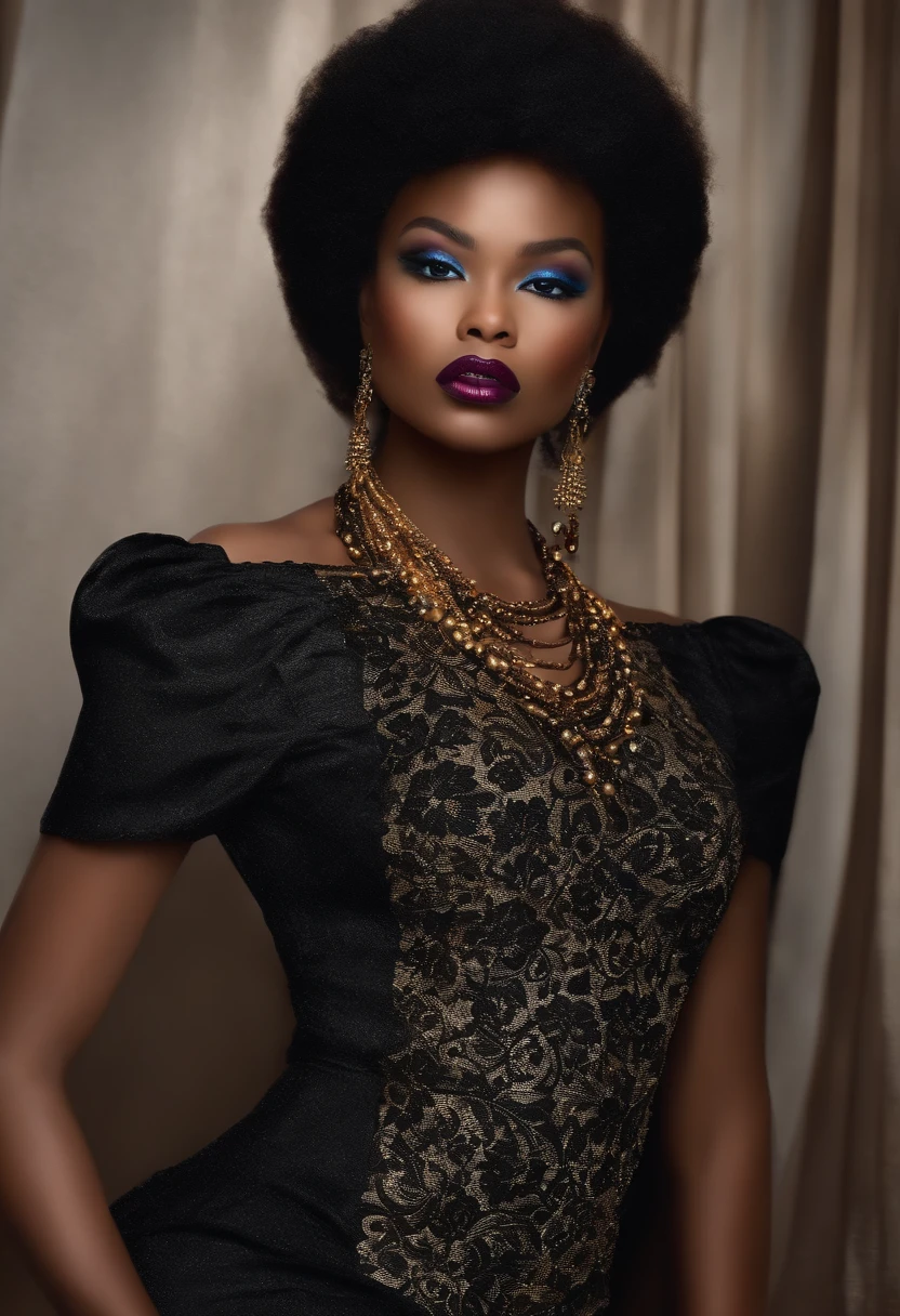 Femme noire, yeux de biches, pouty lips, avec des cheveux frises noirs