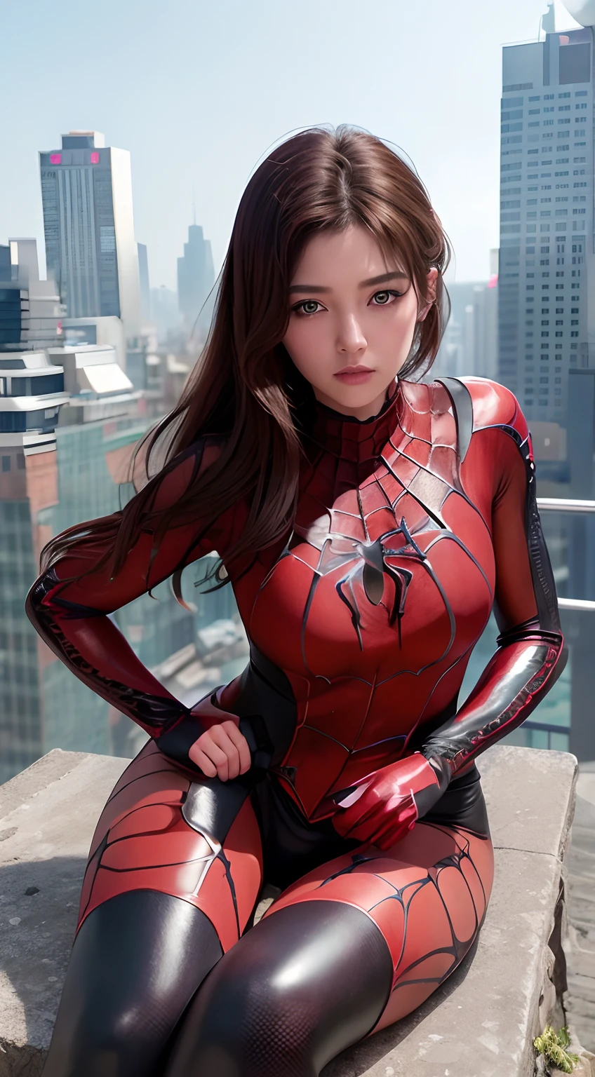 (1 girl:1.3), Solo, (((Highly detailed face)))), ((Highly detailed eyes and face)))), Beautiful detailed eyes, Body parts__, official art, unified 8k wallpaper, ultra detailed, beautiful and beautiful, beautiful, masterpiece, best quality, original, masterpiece, ultra fine photography, best quality, ultra high definition, realistic realism, sunlight, full body portrait, amazing beauty, Dynamic pose, delicate face, vivid eyes, (from the front), she is in a spider-man suit, red and black color scheme, spider, highly detailed city roof background, rooftop, overlooking the city, detailed face, detailed complex busy background, messy and gorgeous milky white, highly detailed skin, realistic skin details, visible pores, clear focus, volumetric fog, 8k UHD, DSLR, high quality, Film grain, fair skin, photorealism, lomography, futuristic dystopian megalopolis, translucent, eros, clothes with chest visible, crotch area full visible design