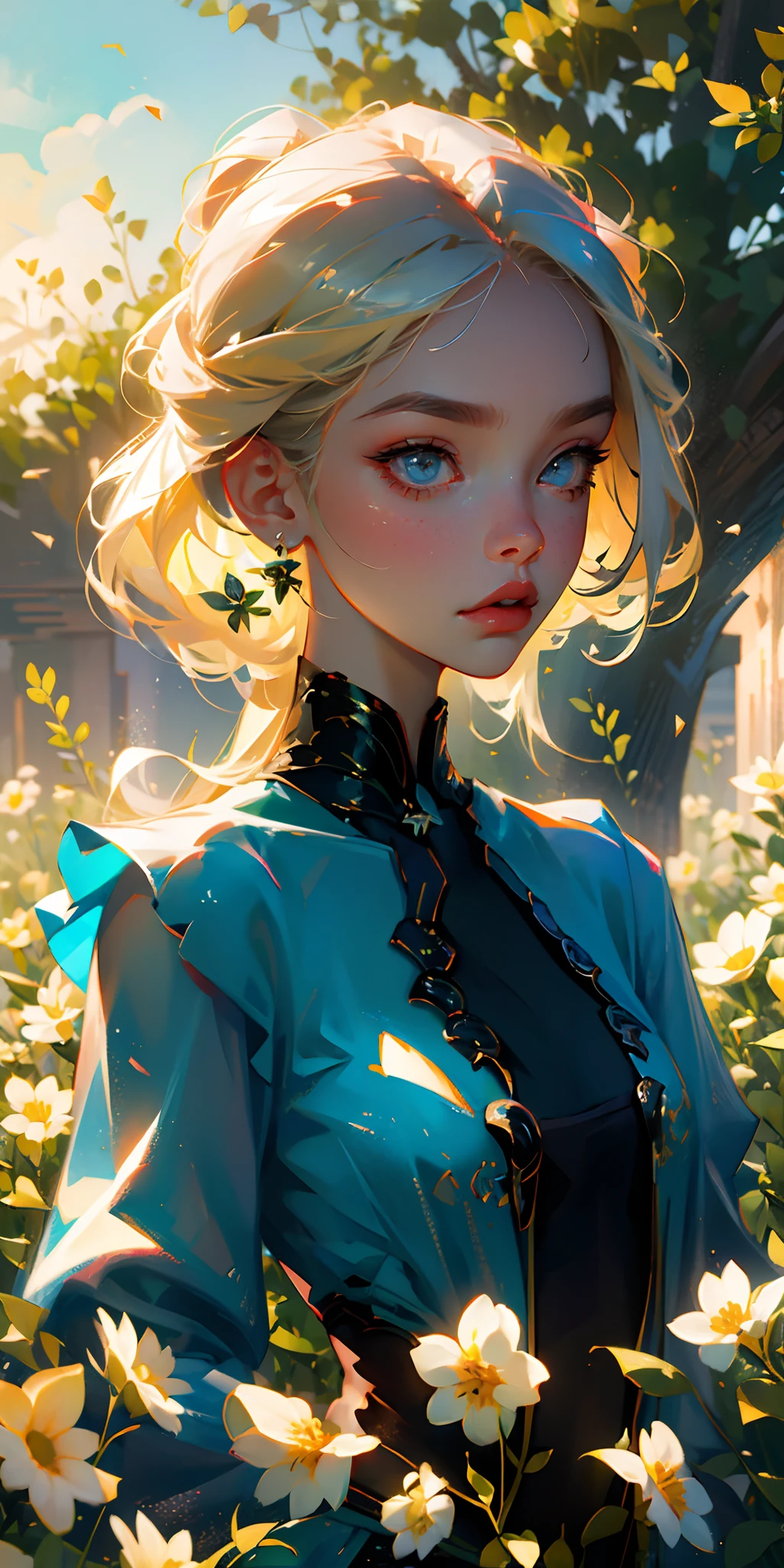 (best quality, masterpiece), 1girl, pose, particle, wind, flower, upper body, simple background, looking at viewer, focus on face, blonde, --auto