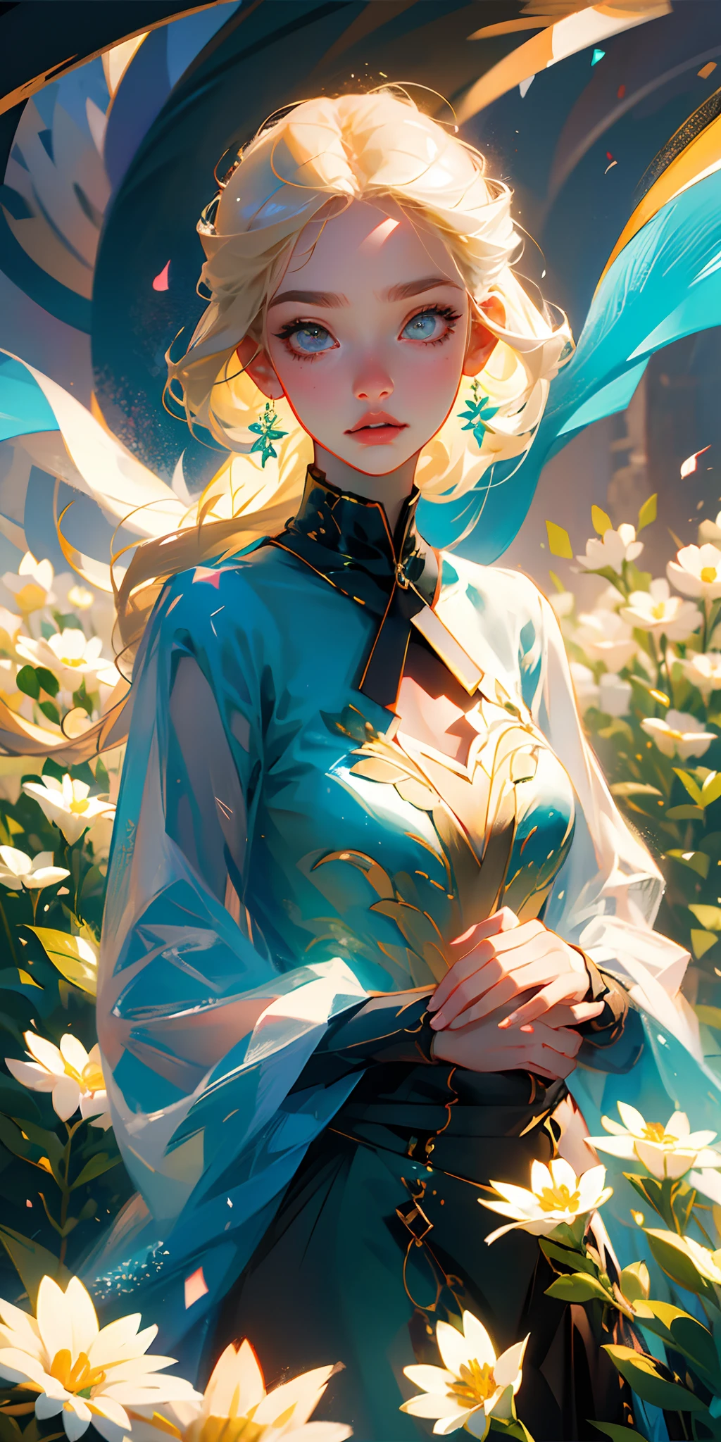 (best quality, masterpiece), 1girl, pose, particle, wind, flower, upper body, simple background, looking at viewer, focus on face, blonde, --auto