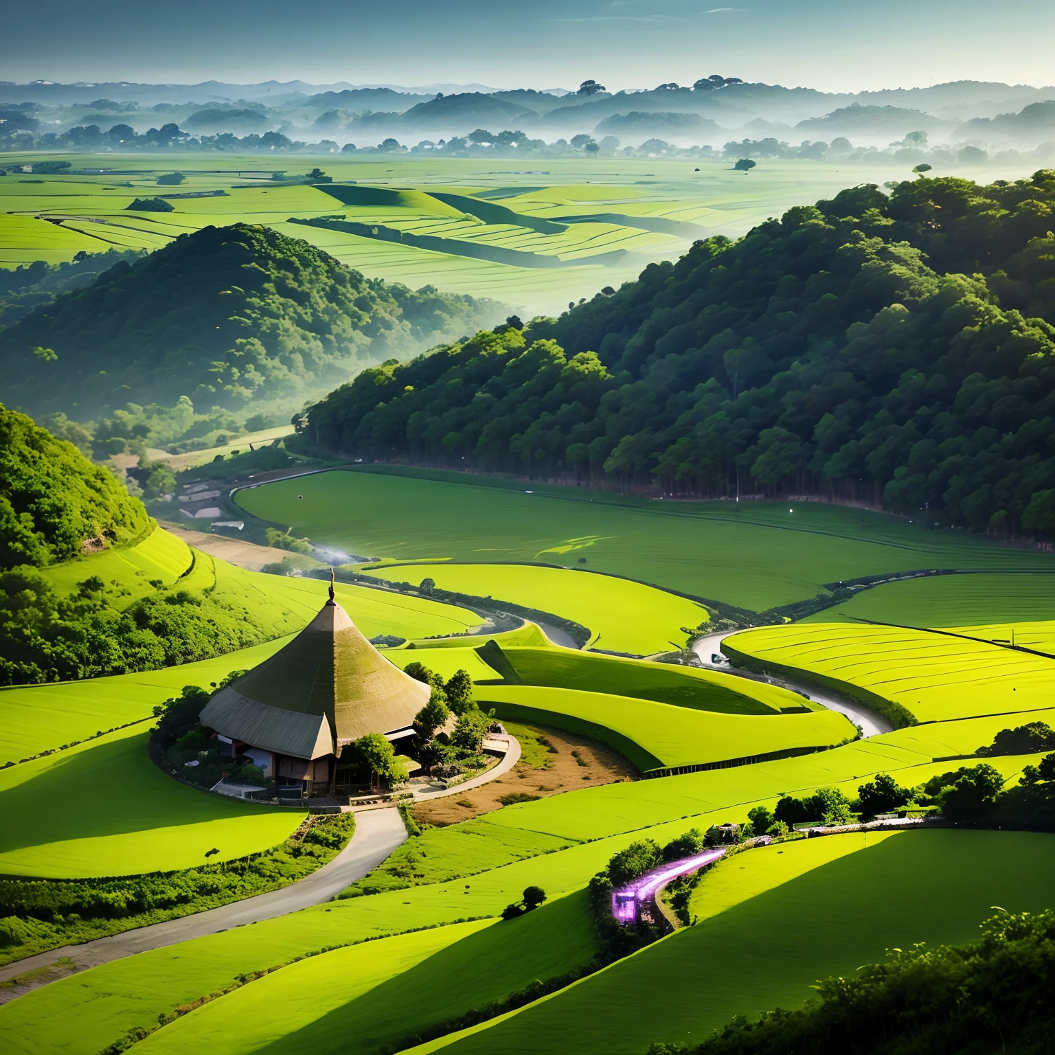 A village of Assam, green , futuristic