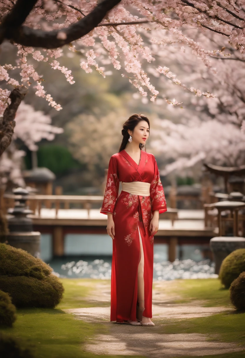 ((Best quality)), ((Masterpiece)), ((Realistic)), Girl standing in peaceful Japanese garden with flawless beauty，Cherry blossoms at eye level, scenic, Masterpiece, (A high resolution), Original, Extremely detailed 8K , (Photorealistic:1.4),Flawless face, Perfect eyes,symmetrica body shape,Smile, torogao