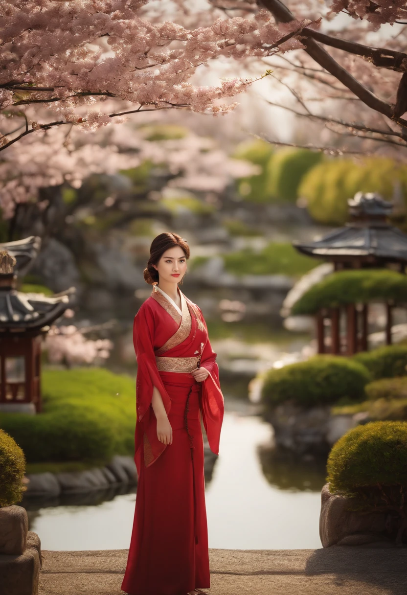 ((Best quality)), ((Masterpiece)), ((Realistic)), Girl standing in peaceful Japanese garden with flawless beauty,Cherry blossoms at eye level, scenic, Masterpiece, (A high resolution), Original, Extremely detailed 8K , (Photorealistic:1.4),Flawless face, Perfect eyes,symmetrica body shape,Smile, torogao