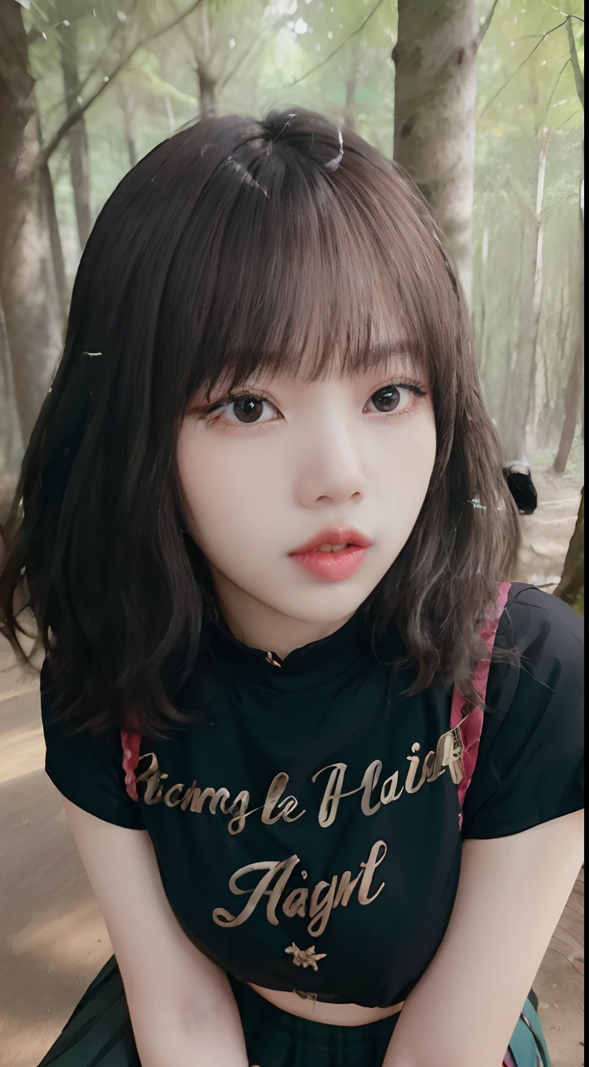((Lisa from Blackpink)), t-shirt, tiny pleated skirt, waist-high black tights, high heels, face close-up, very fair skin, short hair, wavy hair, camp, forest, photorealistic, indirect lighting, volumetric light, ray tracing, hyperdetailed, best quality, high resolution, HDR, 8k