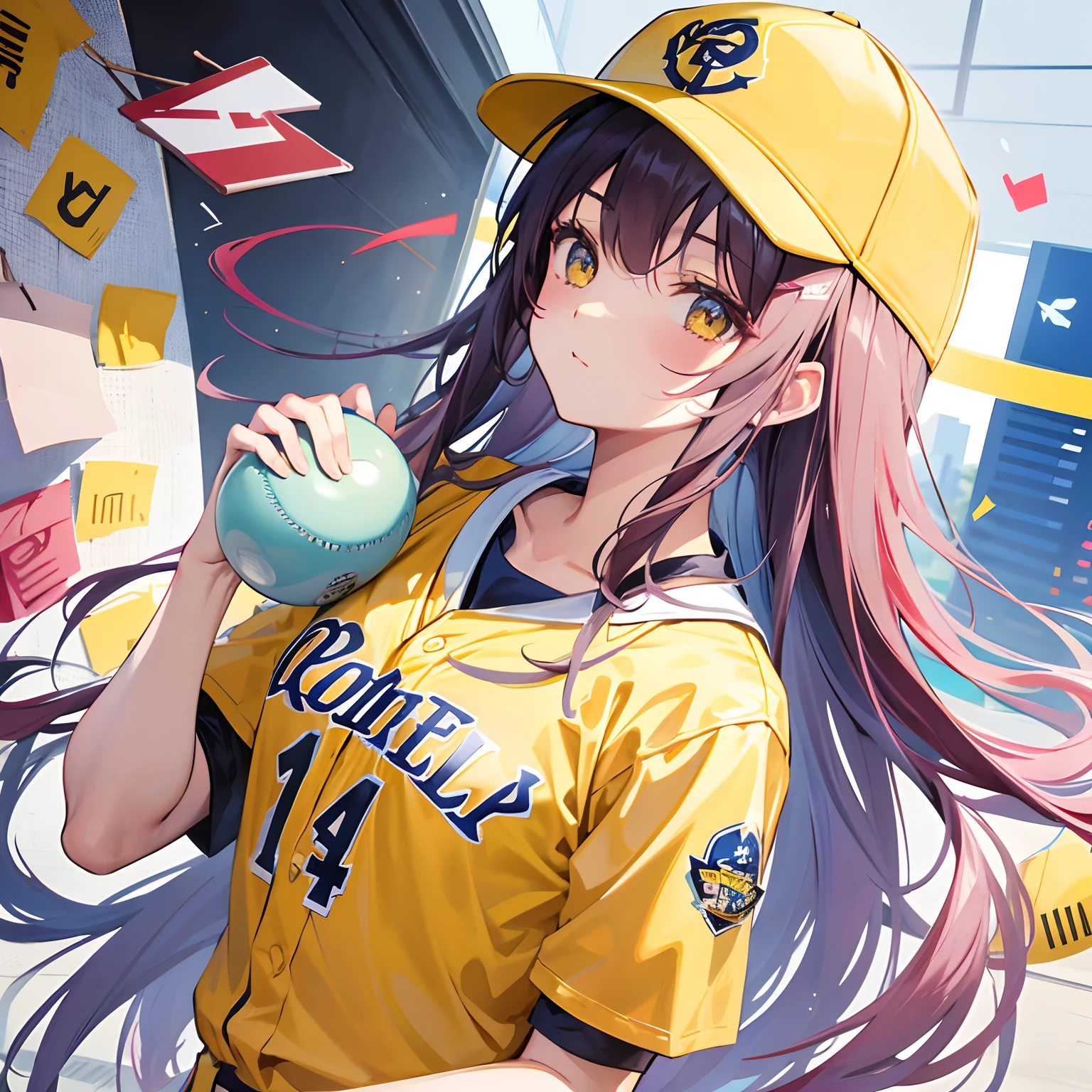 baseball player、kawaii、Long、pitcher、Yellow uniform、Vermilion Cinderella letters on the chest、The long-haired