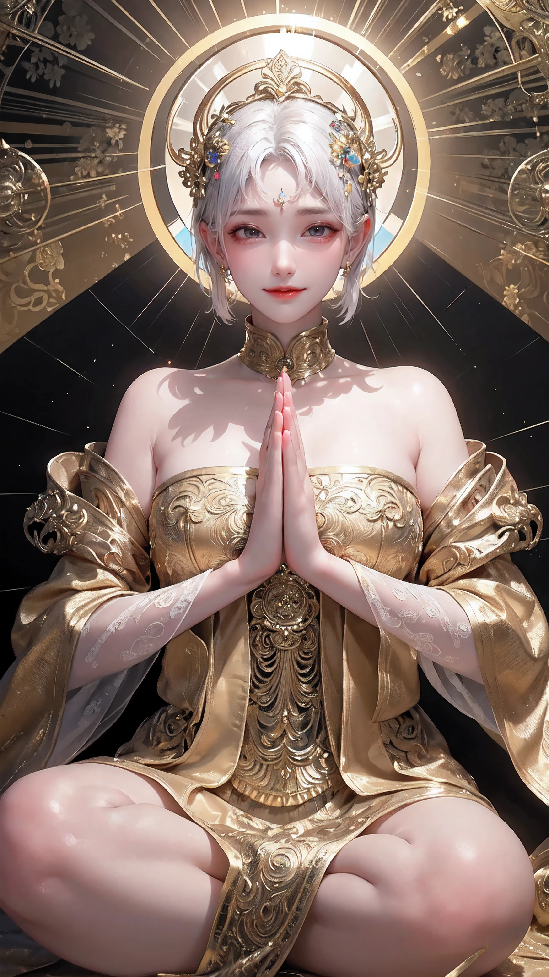 the buddha, serene expression, lotus position, golden halo, peaceful atmosphere, detailed facial features, intricate patterns on robes, exquisite craftsmanship, sculpture-like, traditional art style, vibrant colors, soft and diffused lighting, calm and tranquil surroundings, divine presence, ethereal aura, spiritual enlightenment, majestic and grand, sacred and revered, intricate hand gestures, blissful state
