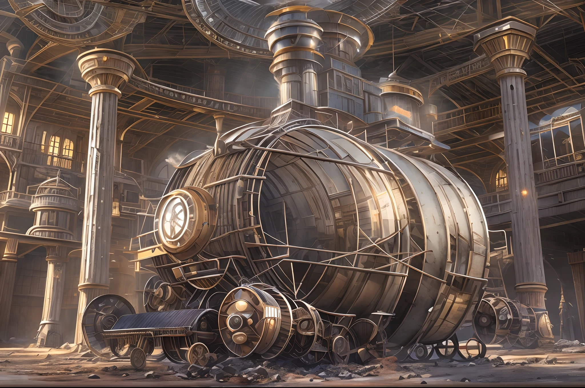 Wasteland，Huge oval steam mechanical moving castle with mechanical limbs，dust kicked up，dynamic blur，super-fine，ultra - detailed，high qulity，8K ，oc rendered，dynamic viewing angle，Hyper Real，Ultra photo realsisim