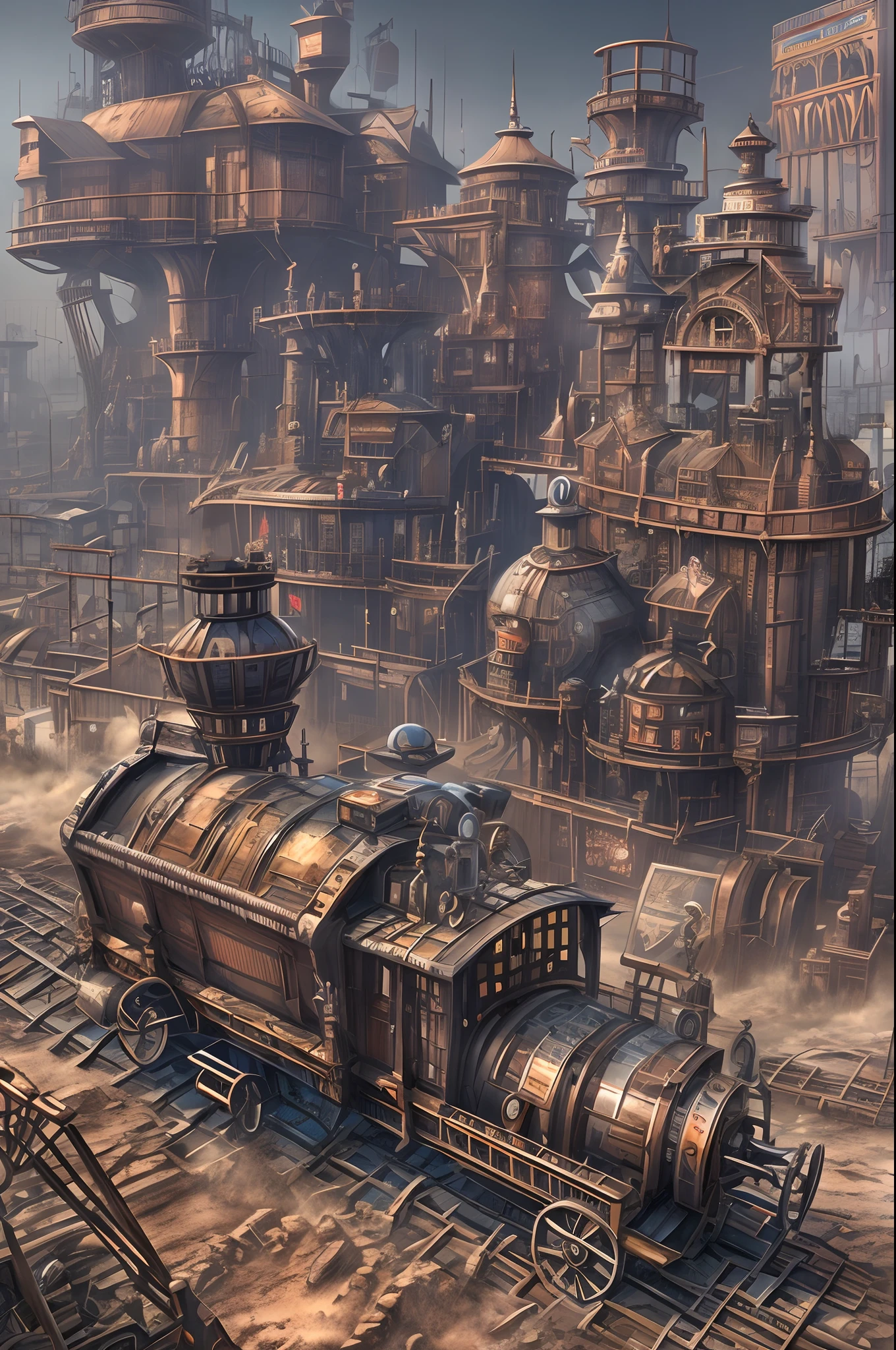 steampunc,Wasteland,Huge mechanical moving castle,track,dust kicked up,dynamic blur,super-fine,ultra - detailed,high qulity,8K ,oc rendered,dynamic viewing angle,Hyper Real,Ultra photo realsisim