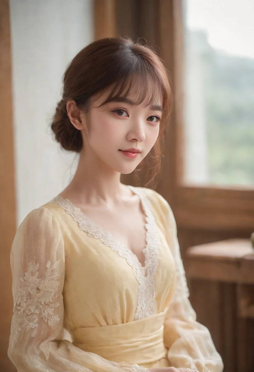 top-quality, Photorealsitic, ​masterpiece, 8K, Hi-Res, 独奏, 1girl in, (((infp young woman))),sixteen years old、full body Esbian、(small tits), ((Look at viewers)), (look at a camera), ((Different hairstyles close to long)）、Perfect straight black hair、(((With bangs)))、 (profetional lighting), Highly detailed bright face、Gentle Japan girl、Lovely smile、Small cleavage、Yellow dress with lace（long-sleeve）、Standing in the room