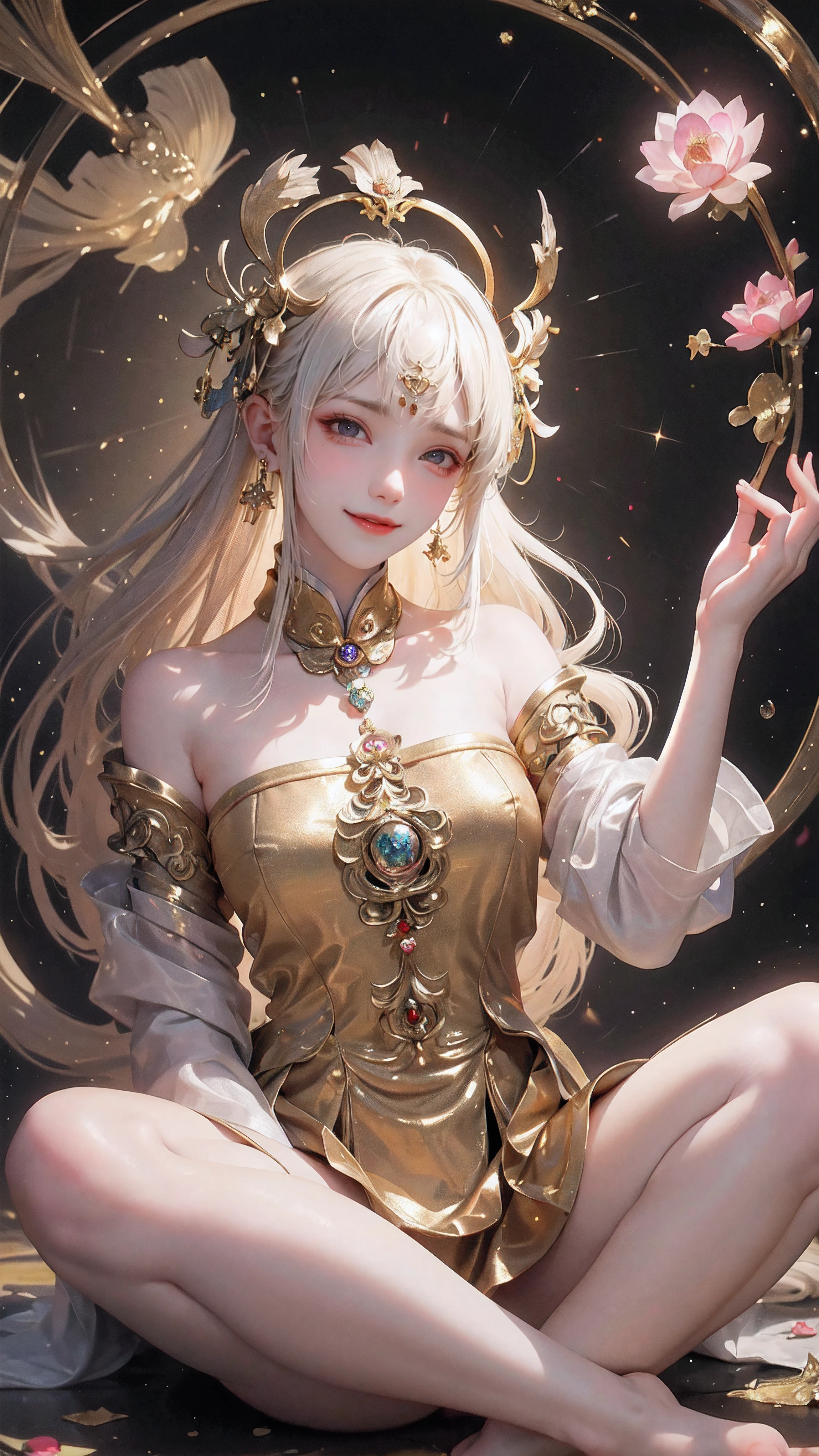 best quality, highres, ultra-detailed, realistic, vivid colors, bokeh, traditional painting, ornament, lotus flower, compassionate expression, serene face, peaceful atmosphere, beautiful landscape, golden halo, fine brushwork, subtle shading, radiant light, ethereal glow, divine figure, harmonious composition, delicate details, divine wisdom, divine protection, serene aura, sacred symbolism, traditional Chinese art style, tranquility, divine compassion, spiritual enlightenment, heavenly realm, timeless beauty, graceful posture, peaceful garden, inspiring presence, sacred teachings, inner peace, blissful realm, infinite compassion, glowing colors, spiritual tranquility
