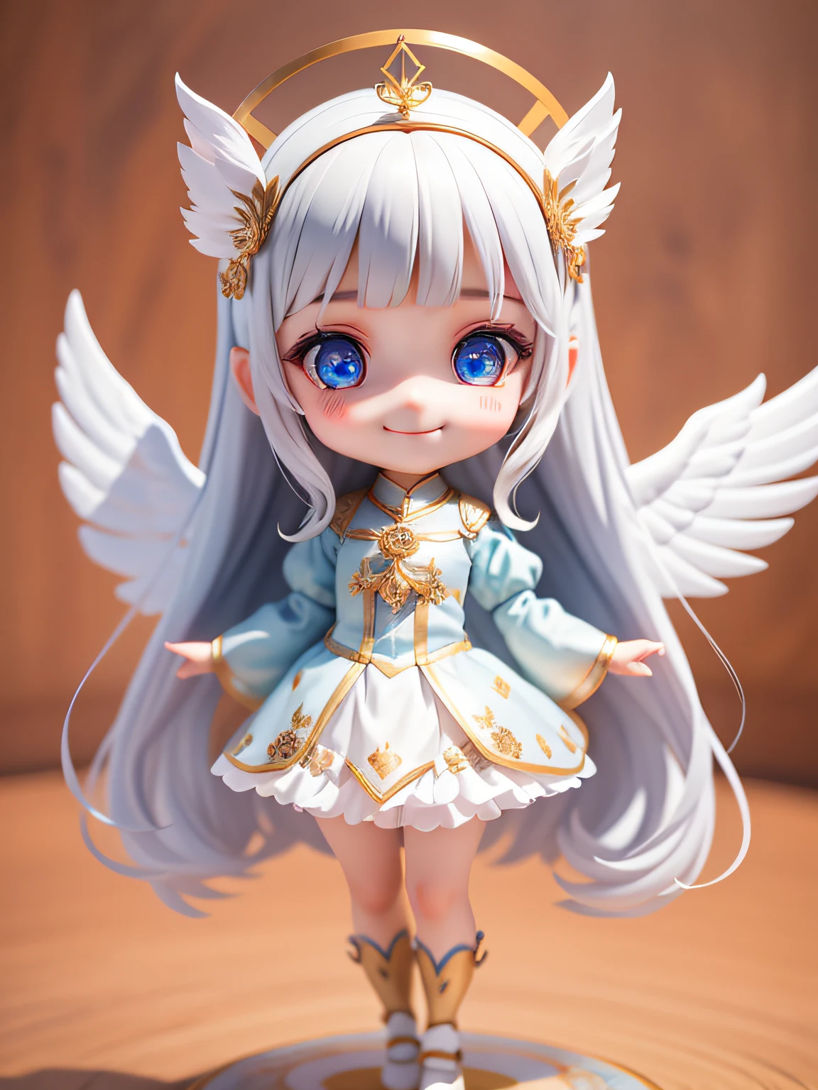 (Masterpiece), (Best Quality), (Super Detailed), (Full Body: 1.2), 1 Girl, Chibi, Cute, Smile, Heaven, Angel Cosplay, Blushing, 3, Long Hair, Angel Wings, Blurred, White Hair, Blush Sticker, Bangs, Angel Ring on Head (Beautiful Detailed Face), (Beautiful Detailed Eyes), Full Body Display, Being in a Magic Circle,
