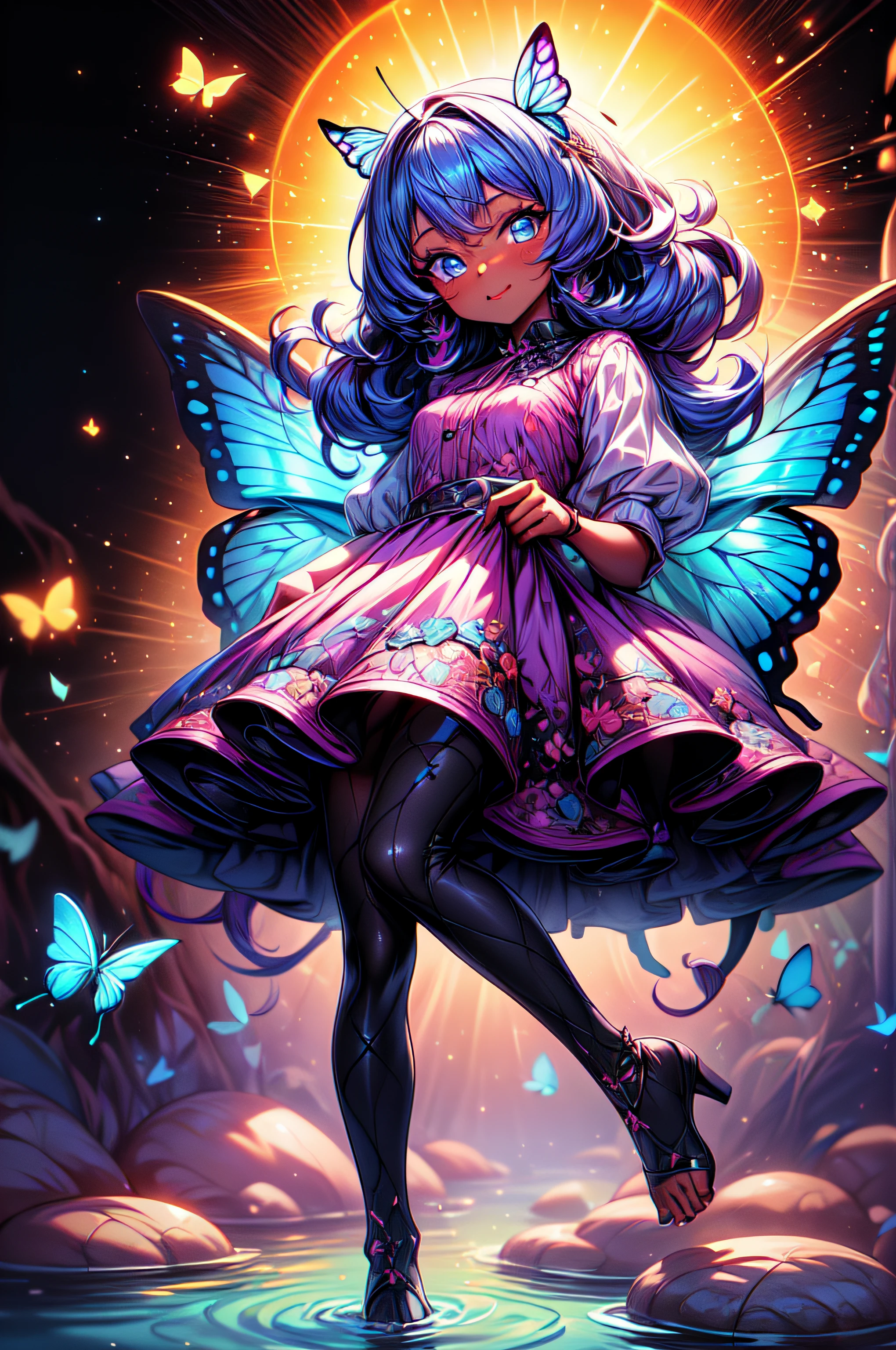 dreamlike, high angle shot, Best quality, Beautiful detailed, 1 girl, A girl, full body, long, multicolored hair, dark skin, butterfly wings on her back, flying and touching the water that covers the entire ground with the tips of the toes, Wearing semi-transparent clothing, good lighting, Incredible detailed particle illumination, full body, Butterflies around, looking the camera.