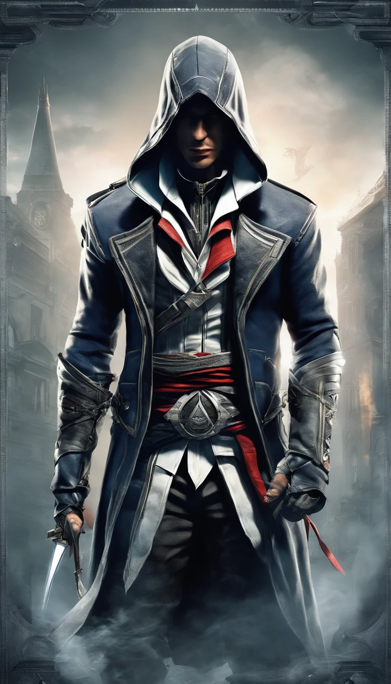 The Young Man in the Hood, tenses above the eyes,long wavy hair from under the hood, diffused light,Fog in the background,The style of the game Assassin Creed
