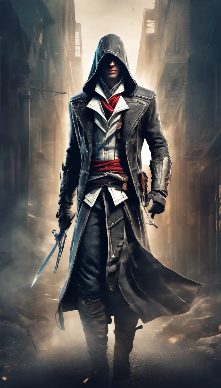 The Young Man in the Hood, tenses above the eyes,long wavy hair from under the hood, diffused light,Fog in the background,The style of the game Assassin Creed