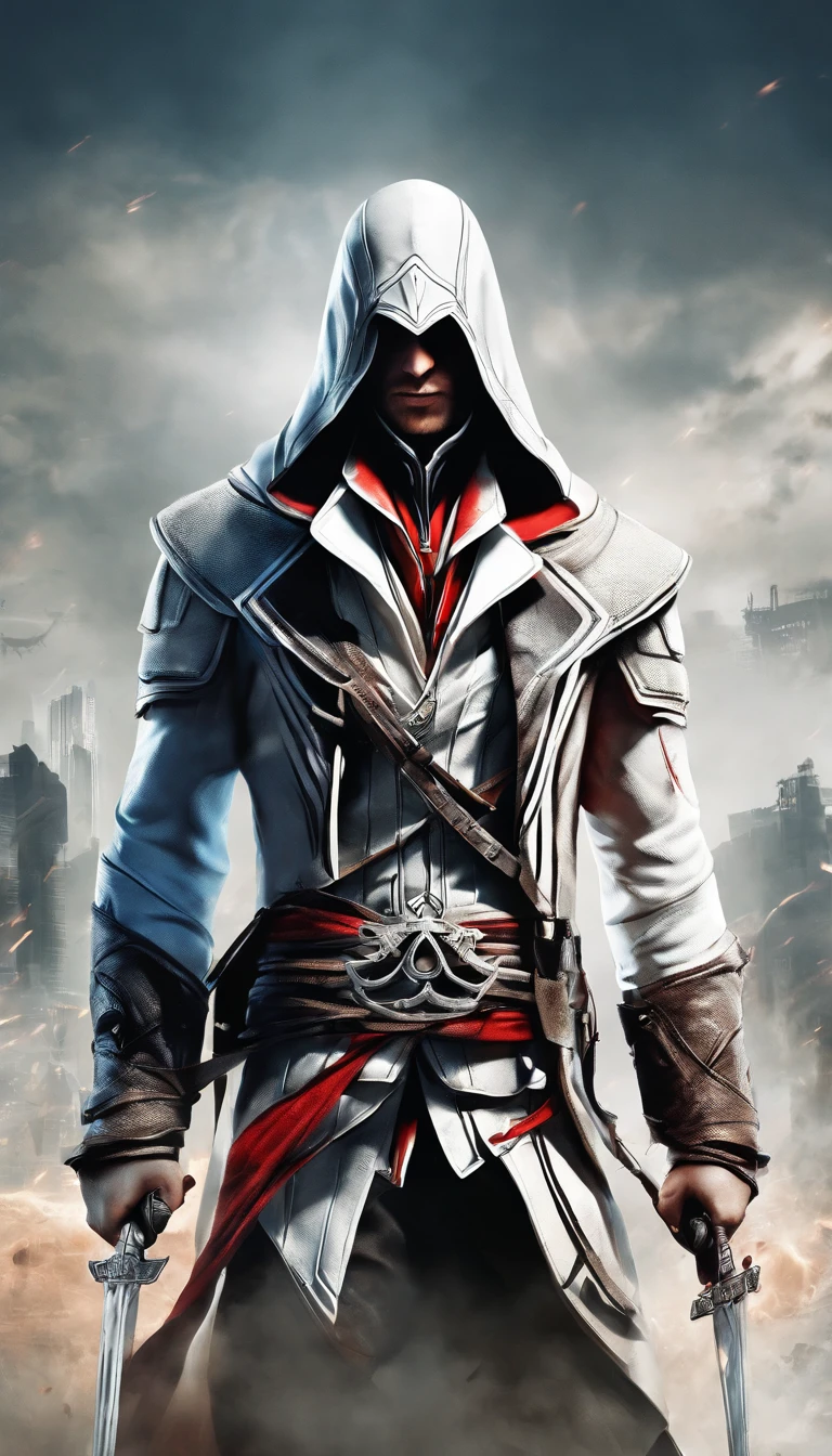 The Young Man in the Hood, tenses above the eyes,long wavy hair from under the hood, diffused light,Fog in the background,The style of the game Assassin Creed