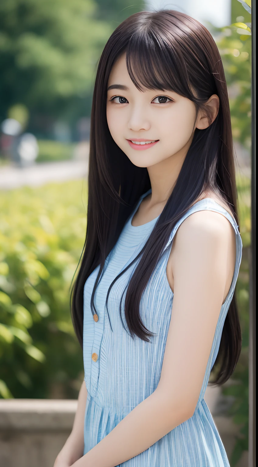 masutepiece, Highest Quality, 8K, 15 years old, japanaese girl, Raw photo, absurdity, award winning portrait, Smile, Smile, Solo, School uniform, Summer clothes, Idol face, violate, gardenia, Delicate girl, Long Black Hair, Dark eyes, Upper body, Digital SLR, Looking at Viewer, Candid, Sophisticated, zora々Right, Thin arms, Professional Lighting, Film grain, chromatic abberation, (Details of eyes and face: 1.0), (Bokeh button:1.1)