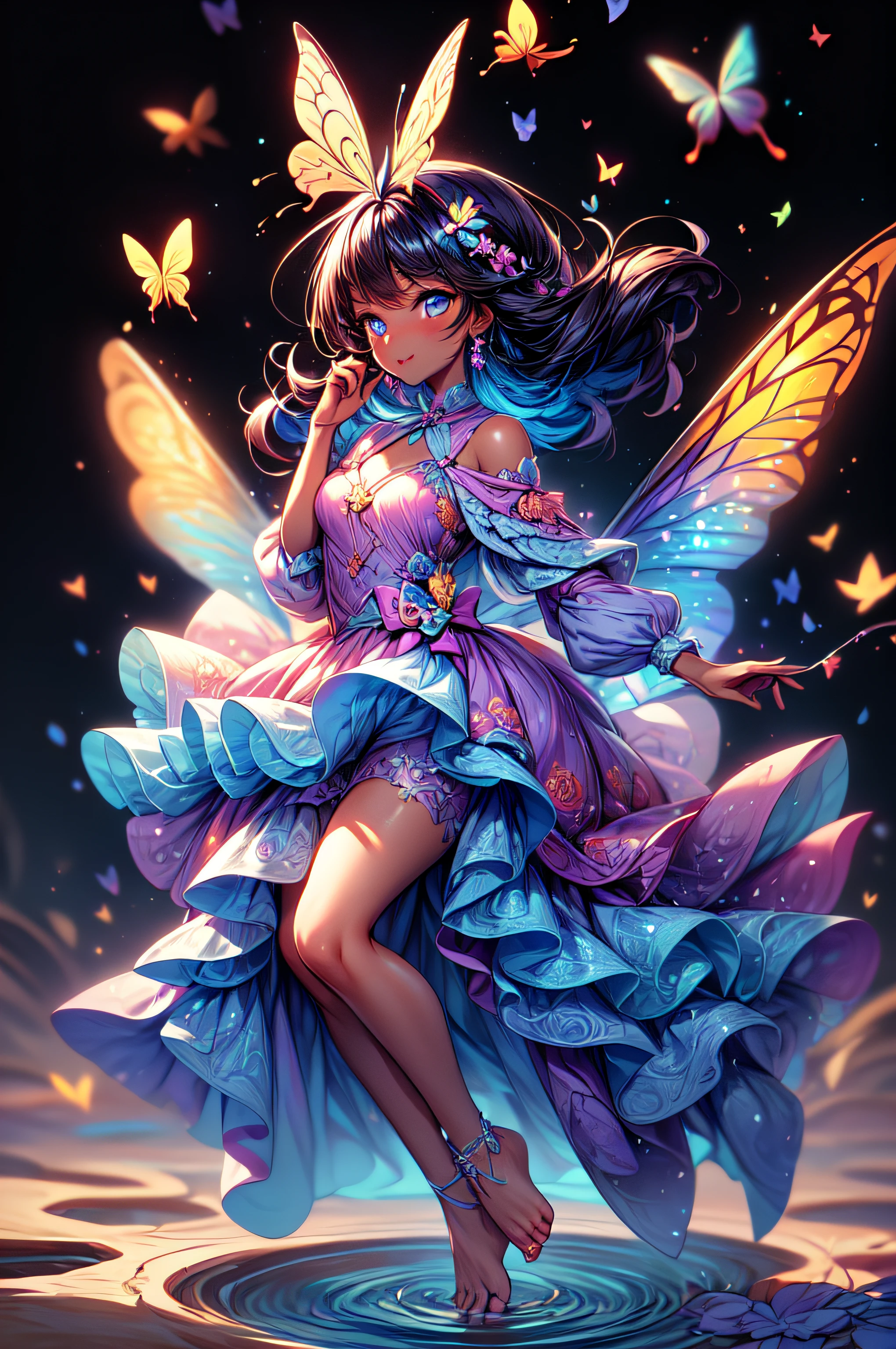 dreamlike, high angle shot, Best quality, Beautiful detailed, 1 girl, A girl, full body, long, multicolored hair, dark skin, butterfly wings on her back, flying and touching the water that covers the entire ground with the tips of the toes, Wearing semi-transparent clothing, good lighting, Incredible detailed particle illumination, full body, Butterflies around, looking the camera.