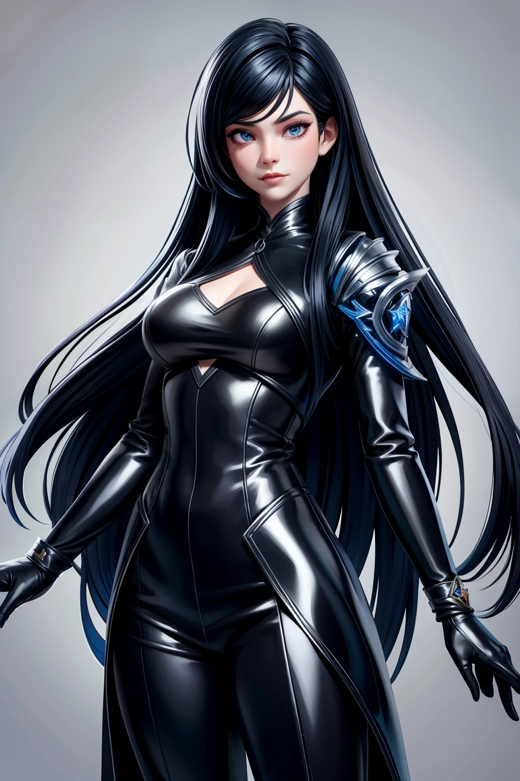 solo, super fine photo, portrait picture Unreal Engine 5 8K UHD of a girl, wearing black and blue tight shiny suit, long black glove, long white hair, fantasy character, best quality, masterpiece, unified 8k wallpaper, super detailed, sharp focus, female pose