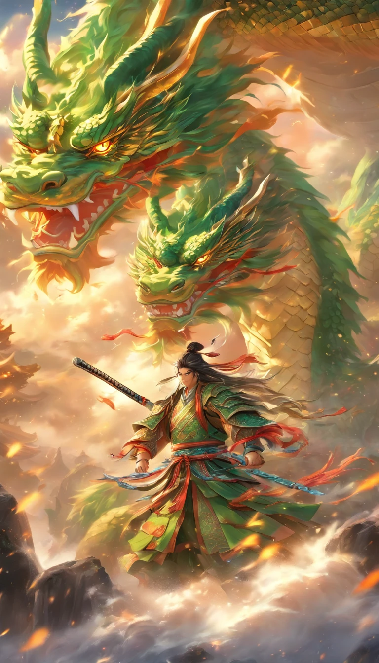 (best quality,4k,highres,masterpiece:1.2),ultra-detailed,realistic,Chinese style,beautiful detailed eyes,beautiful detailed lips,extremely detailed face,sharp focus,long eyelashes,confident swordsman(Li Ming),green sword,clouds,strong and dominant dragon (Qing Long),vibrant colors,fine details,traditional costume,dynamic pose,background with mountains and rivers,subtle lighting effects.