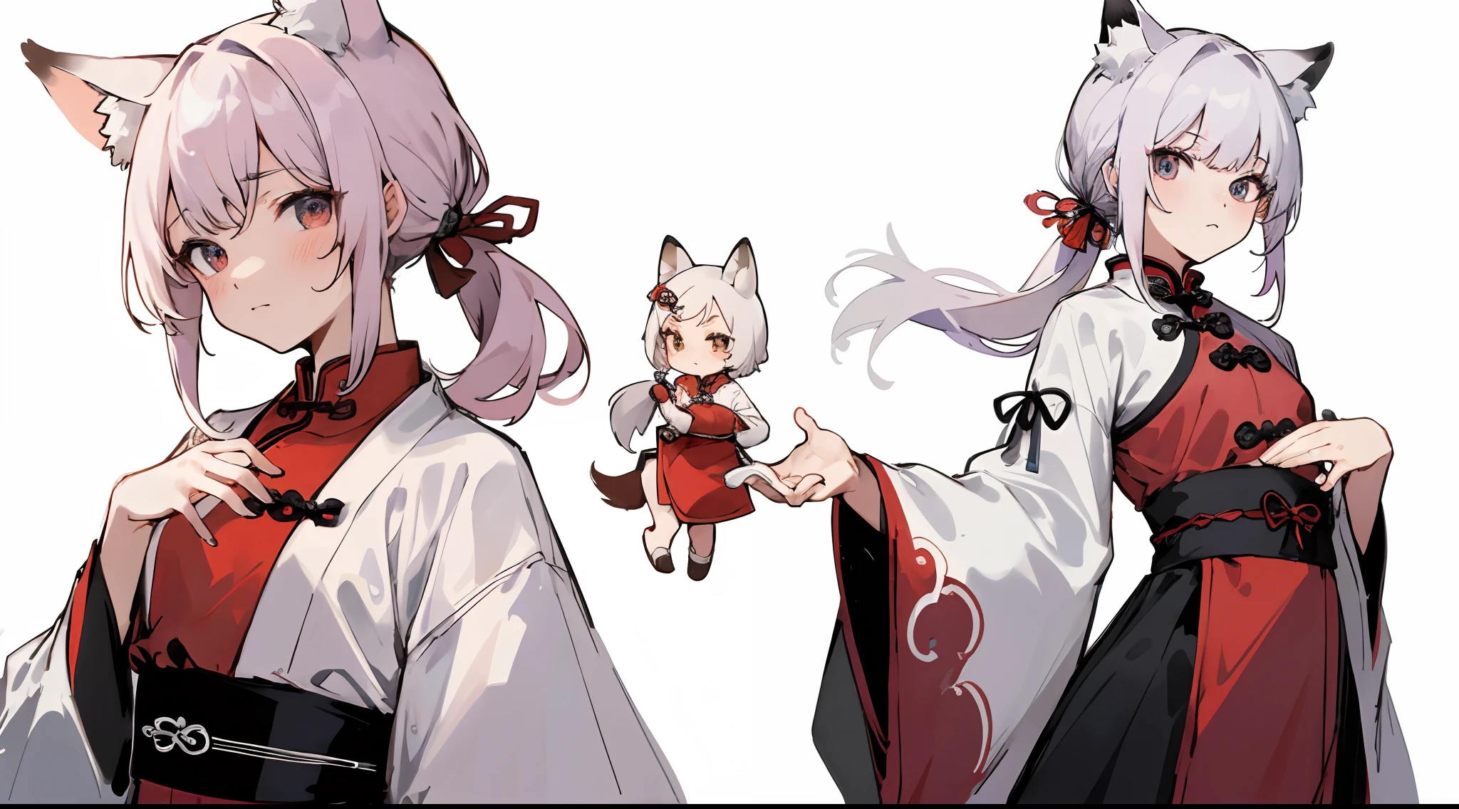Masterpiece: 1.6, Best Quality: 1.4, Live Image: 1.2, intricate details: 1.2, Graphicsournerv2: 1.2, petite girl, Vermilion hair, pony tail, Fox ears, Chinese Clothing, whitebackground (Single background, whitebackground: 1.3), multiple views, Multiple images of the same character in one outfit: 1.3.