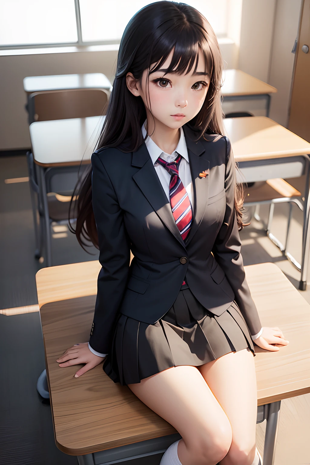 school classrooms,Angle from the front,japanes,female students,brown-eyed,Semi-long hair,dark brown  hair,Dark blue blazer,neck tie,student clothes,Checked pleated skirt,a miniskirt,sit on desk,white sock,Black loafers