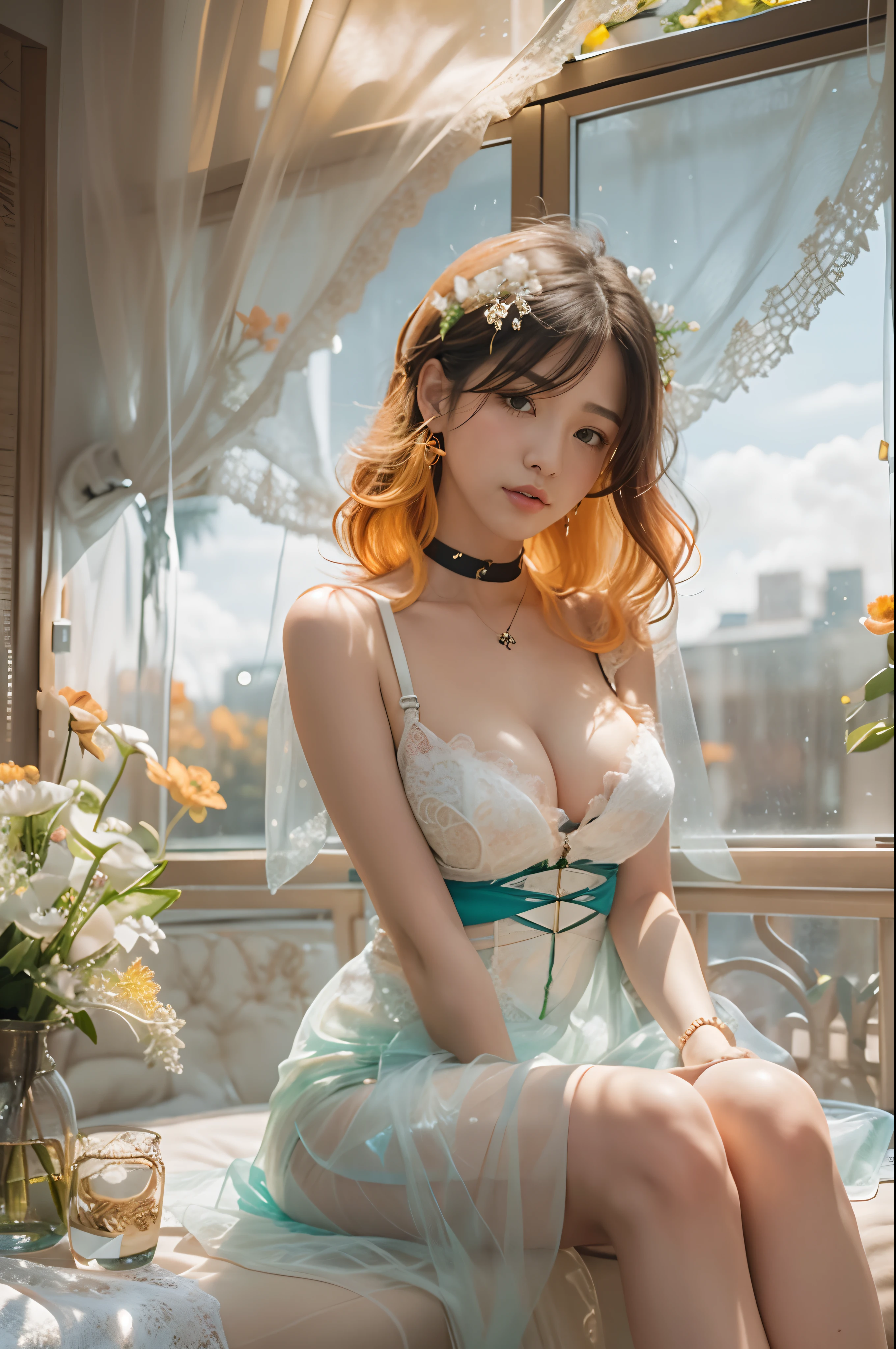 (upper Shot)、1girl in、in her 20s、((Medium Hair))、(((Black to orange gradient hair)))、((bangss))、(Photoreal Stick:1.2)、in 8K、(High quality shadows)、(A charming expression)、Detail Beautiful delicate face、Detail Beautiful delicate eyes、Cute K-pop Idol、(Korean Urzan Face)、pureerosface_v1、(looking at view)、gloweyes、perfectbody、((strong lights))、(a choker)、(piercings)、((Brown eyes))、((beautifull hands))、 Shiny hair、Description beautiful delicate hair、(Lustrous skin)、((Green see-through dress))、(corsets)、(long skirt)、 (early evening)、Background blur、电影灯光、huge window、(Strong Western Sun From the Window)、Flowers in a vase、Sit on a large sofa、Seductive poses、