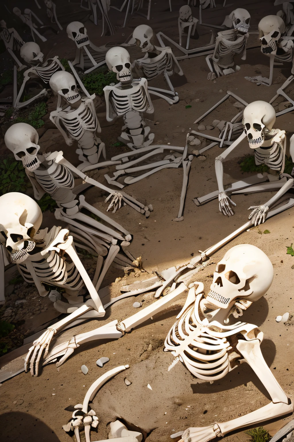 Realistic image of several skeletons scattered on the cemetery floor