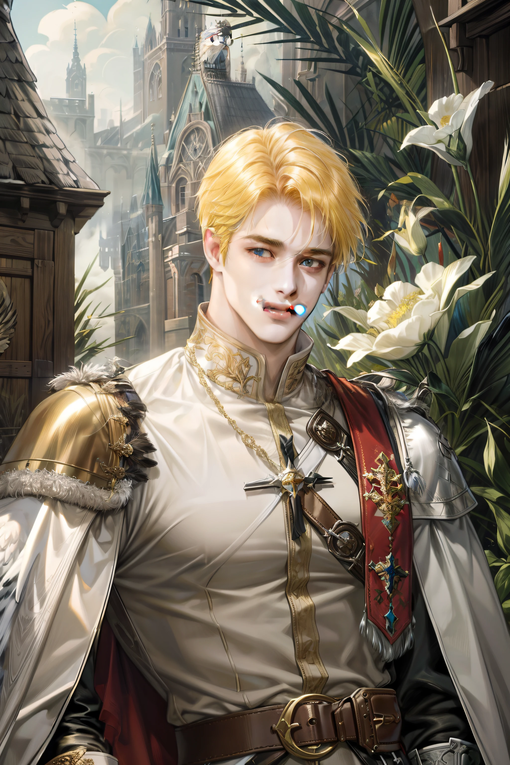 (absurdres, highres, ultra detailed), 1 male, adult, handsome, tall muscular guy, broad shoulders, finely detailed eyes,  looking down, solo, upper body, detailed background, detailed face, falconer, bird resting on shoulder, eagle resting on shoulder, falconer gloves, light smile,  medieval fantasy setting, high fantasy, gray  leather clothes, capelet,    straps, belt, serene forest, bushes,    river,      flowers, birds, feathers,   crossbow,  mist,, (dutch angle), closed mouth, upper body, smile, smile, gold yellow hair