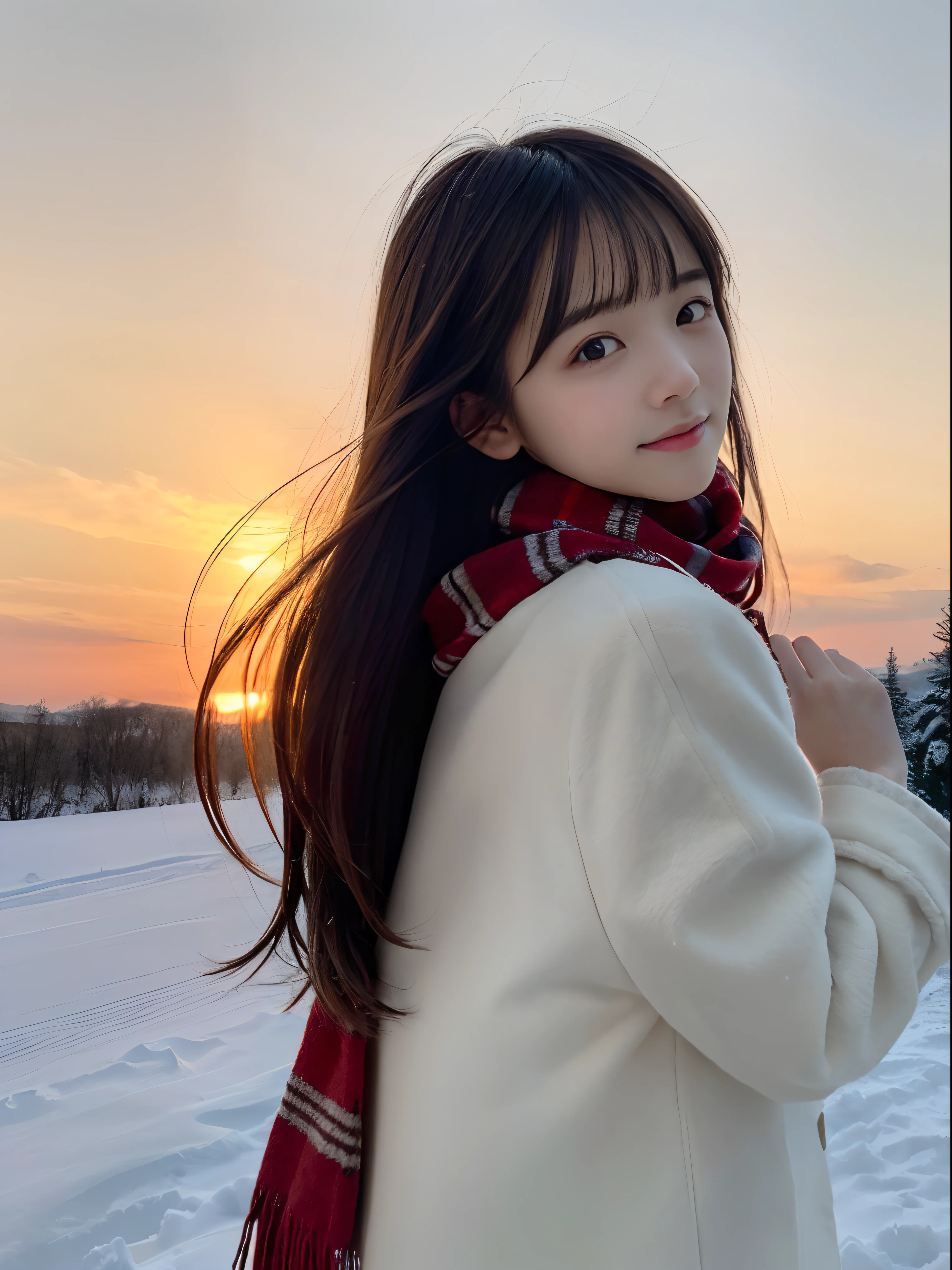 (A close-up portrait from behind of one slender girl has long hair with dull bangs and a scarf coat in winter uniform:1.5)、(One girl turned around with a sad face with hair fluttering in the wind :1.3)、(Beautiful snowy sunset all red sky:1.5)、(Perfect Anatomy:1.3)、(No mask:1.3)、(complete fingers:1.3)、Photorealistic、Photography、masutepiece、top-quality、High resolution, delicate and pretty、face perfect、Beautiful detailed eyes、Fair skin、Real Human Skin、pores、((thin legs))、(Dark hair)