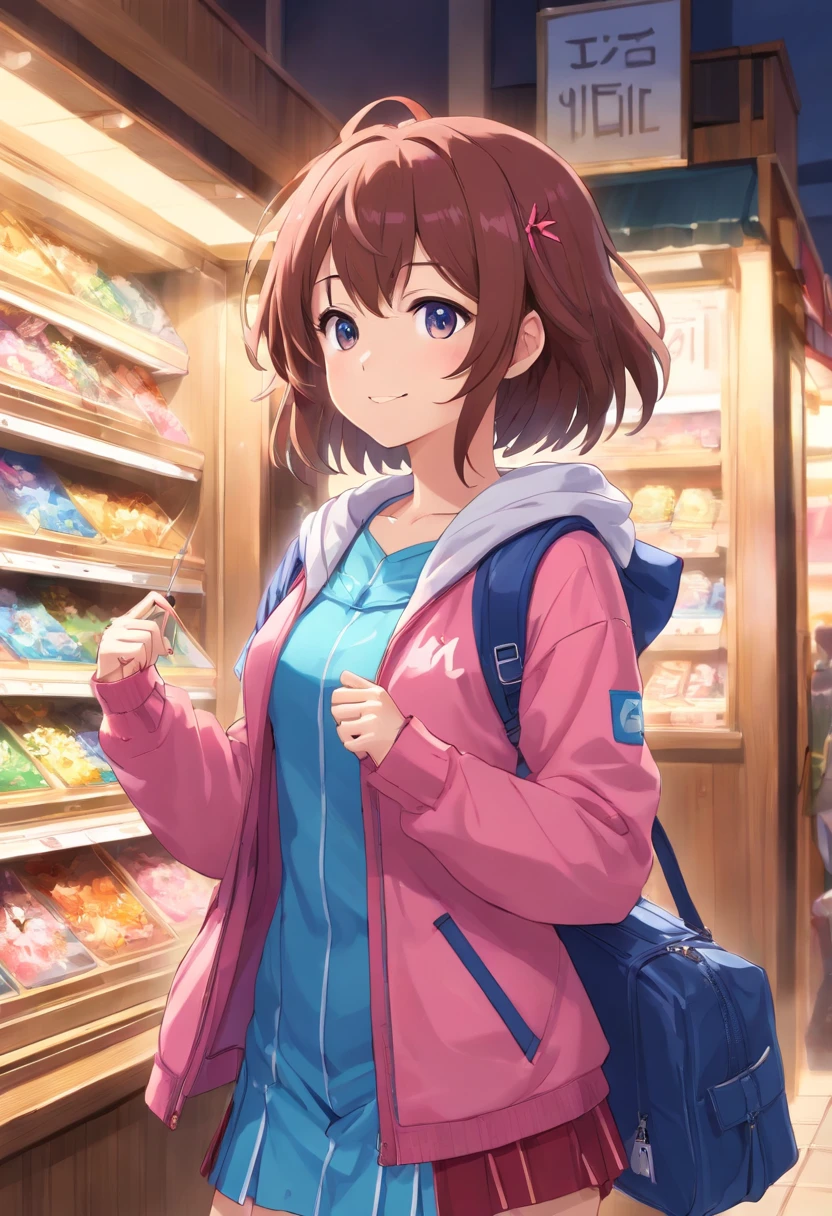 Special_week_(umamusume), Puffer fishwood, hair pin, blue jacket, Open jacket, Printed dress, Pink dress, Window shopping, Small breasts, A high resolution, Upper body, Smile, White backpack, Solo, Beast quality,torogao