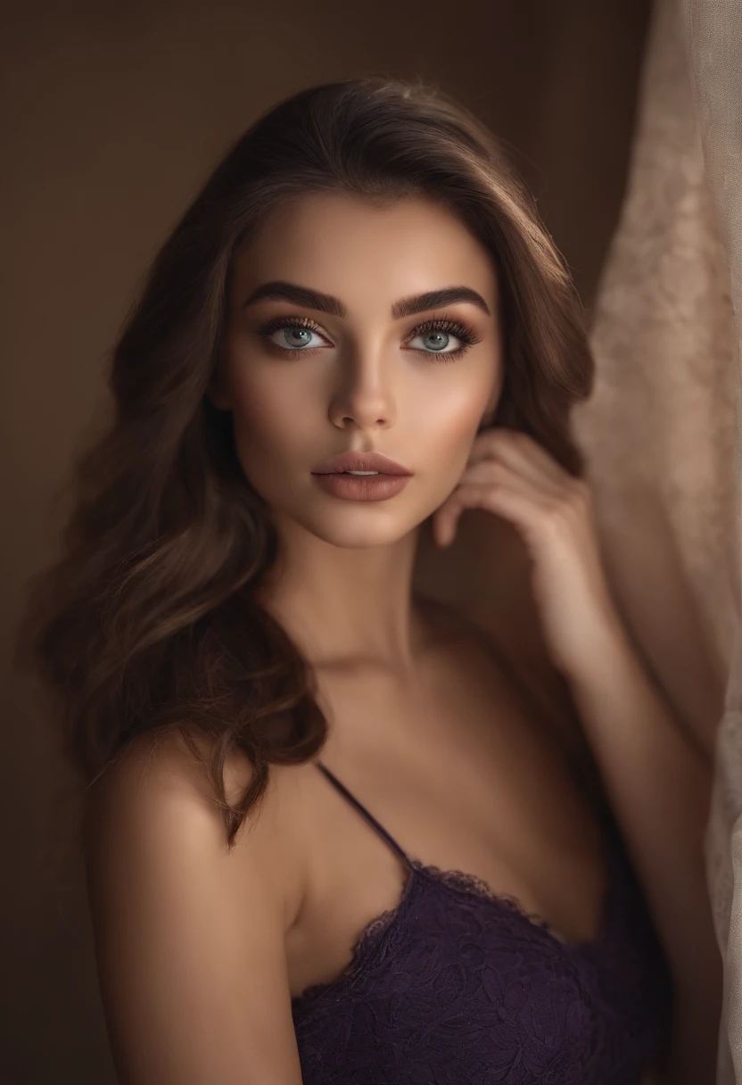 Arafed woman completely , fille sexy aux yeux bruns, ultra realist, Meticulously detailed, Portrait Sophie Mudd, cheveux bruns et grands yeux, selfie of a young woman, Dubai Eyes, Violet Myers, sans maquillage, maquillage naturel, looking straight at camera, Visage avec Artgram, Maquillage subtil, Great photo of the whole body kneeling on the bed, dans la chambre, Medium to large bust
