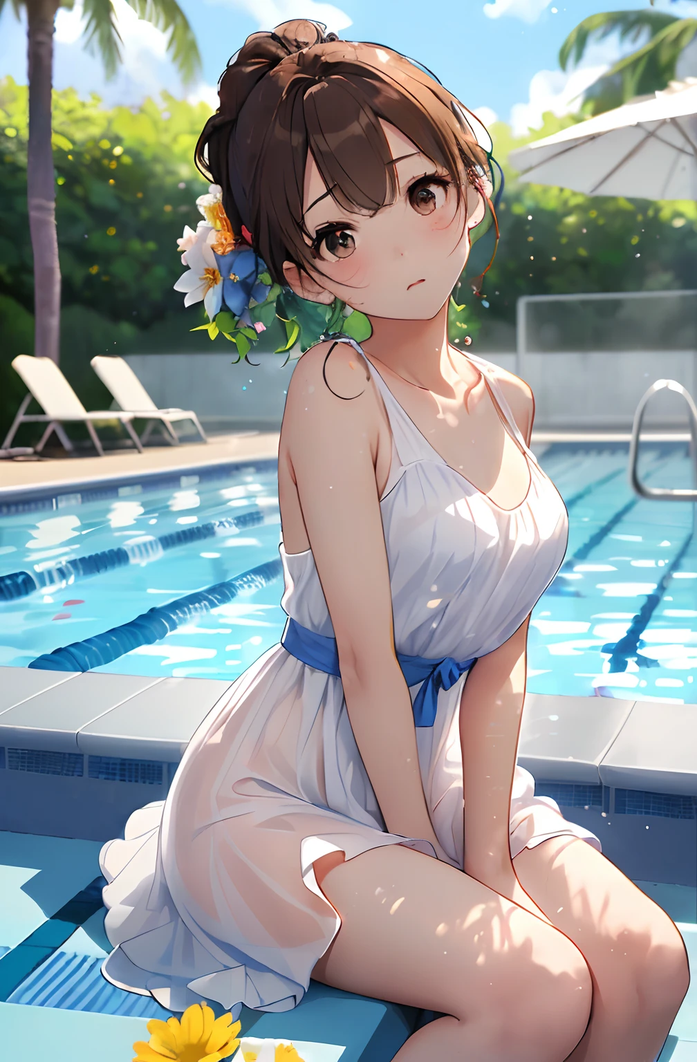 top-quality、masterpiece、(1人の女性:1.3)、(Soft bust:1.2)、Natural big、(Simple and transparent dresses )、(Chest thrusting pose)、(thighs thighs thighs thighs:0.8)、slender、Brown hair、(Hair is tied back)、(Highlights in the eyes)、de pele branca、(embarassed expression)、(swimming pools)、with blue sky and white clouds、One Contrail、Beautiful summer flowers、(Blurred beautiful background by the pool in resort area:1.2)、(Avoid backgrounds around the face)、diffuse sunlight