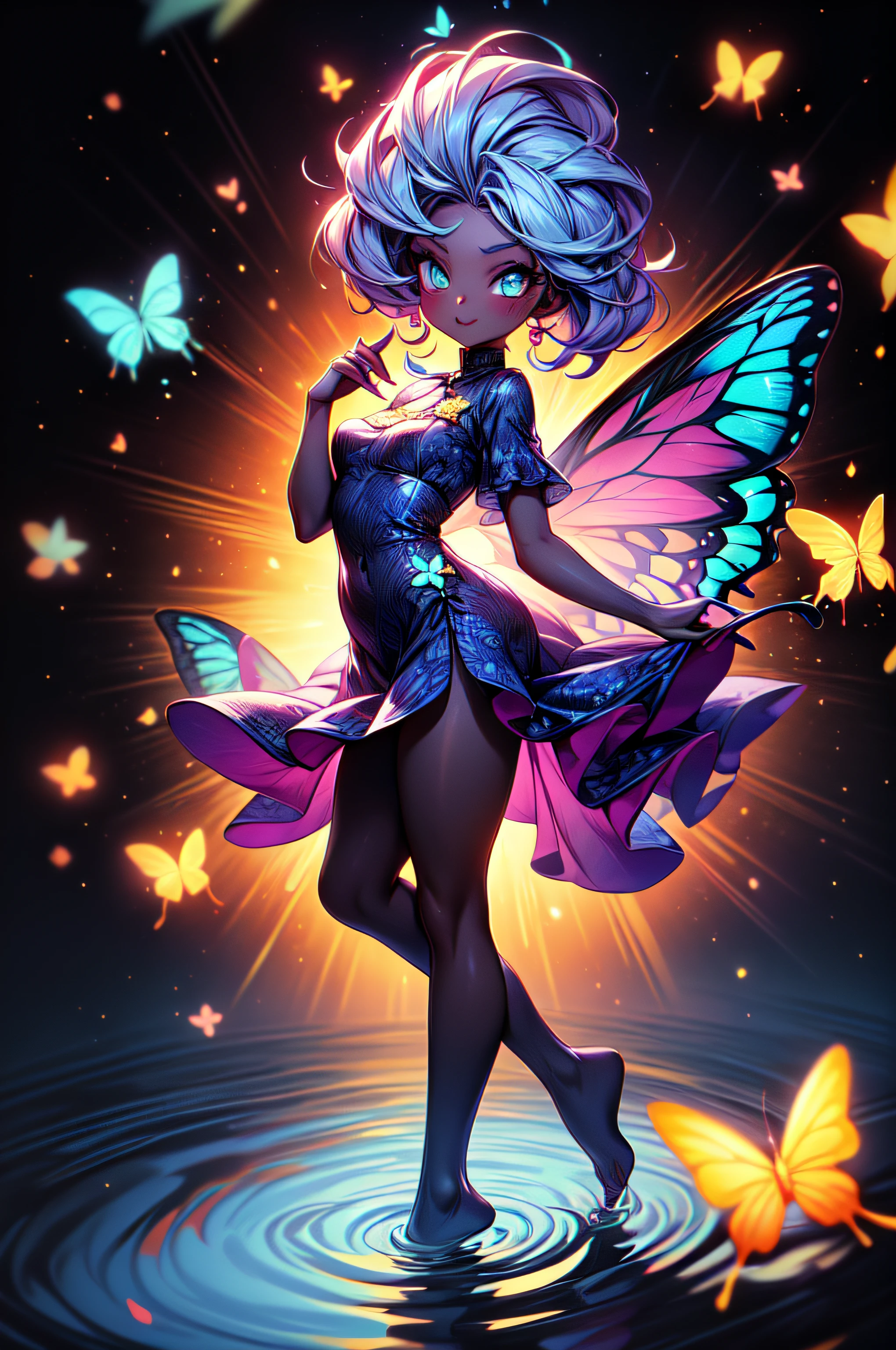 dreamlike, high angle shot, Best quality, Beautiful detailed, 1 girl, A girl, full body, long, multicolored hair, dark skin, butterfly wings on her back, flying and touching the water that covers the entire ground with the tips of the toes, Wearing semi-transparent clothing, good lighting, Incredible detailed particle illumination, full body, Butterflies around, looking the camera.