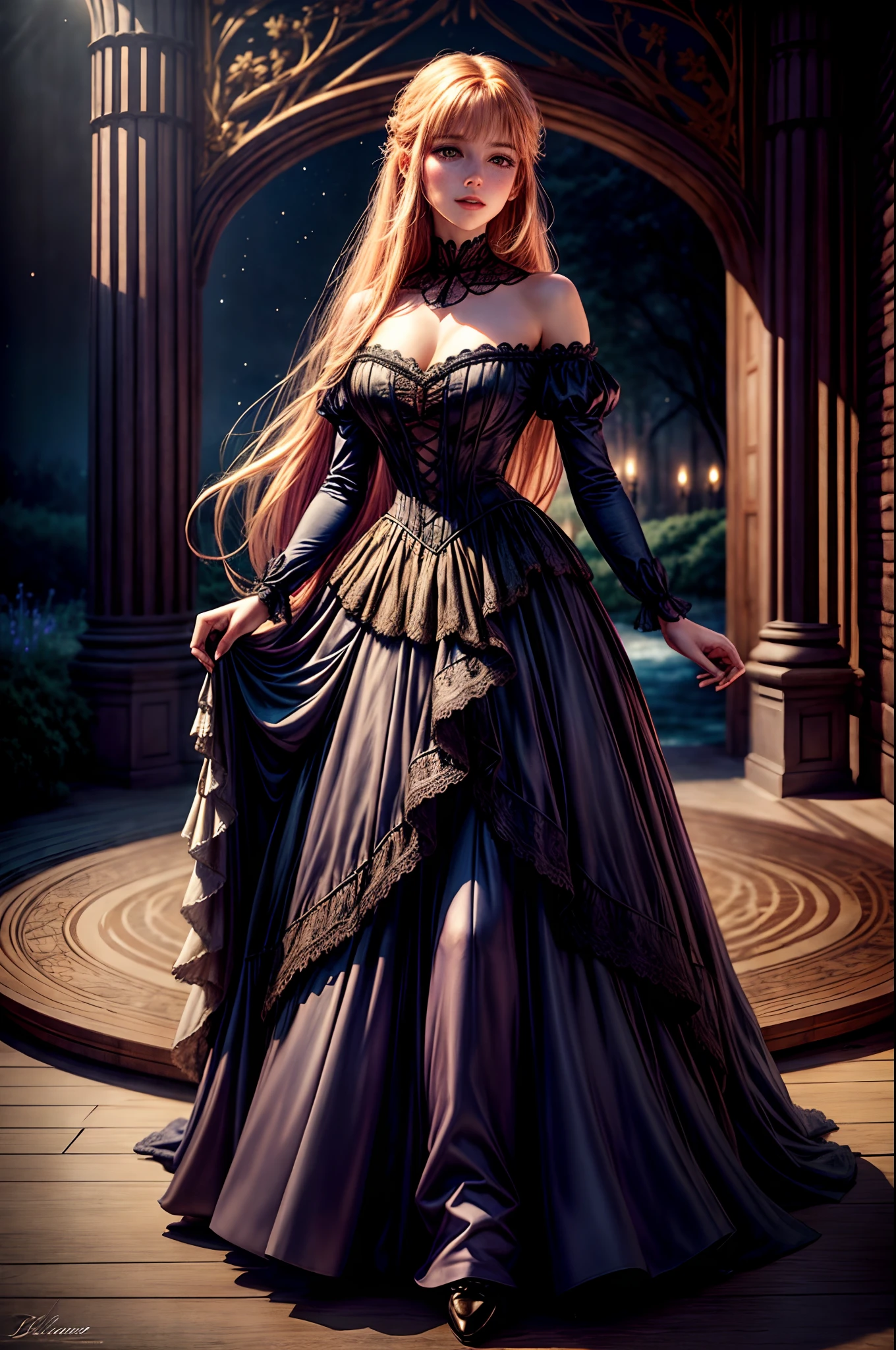 Create an engaging representation of a young woman with long, golden hair that glows like rays of sunshine (Cabelo: cabelos dourados como raios de sol), eyes that shine with the magic of amethyst (Olho: Amethyst Magic Eyes) e um sorriso cativante. She is wearing a stunning costume inspired by the Belle Époque style, a flowing dress adorned with lace and ribbons (garments: Belle Époque dress with lace and ribbons). The scene takes place in an enchanted garden by a serene lake, reflecting the twinkling stars in the night sky (Ambiente: Enchanted garden by a lake under a starry sky). This image should convey a sense of charm and magic, evocando a atmosfera de um conto de fadas. Use an aspect ratio of 16:9, the Midjourney Version 5 model.2 and a rendering quality of 0.85.