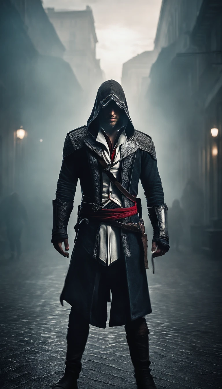 The Young Man in the Hood, Tension above the eyes,long wavy hair from under the hood, diffused light,Fog in the background,The style of the game Assassin Creed