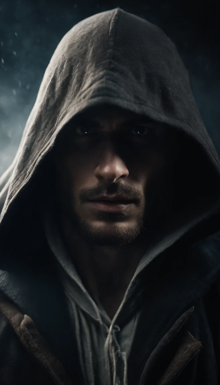 The Young Man in the Hood, Tension above the eyes,long wavy hair from under the hood, diffused light,Fog in the background,The style of the game Assassin Creed