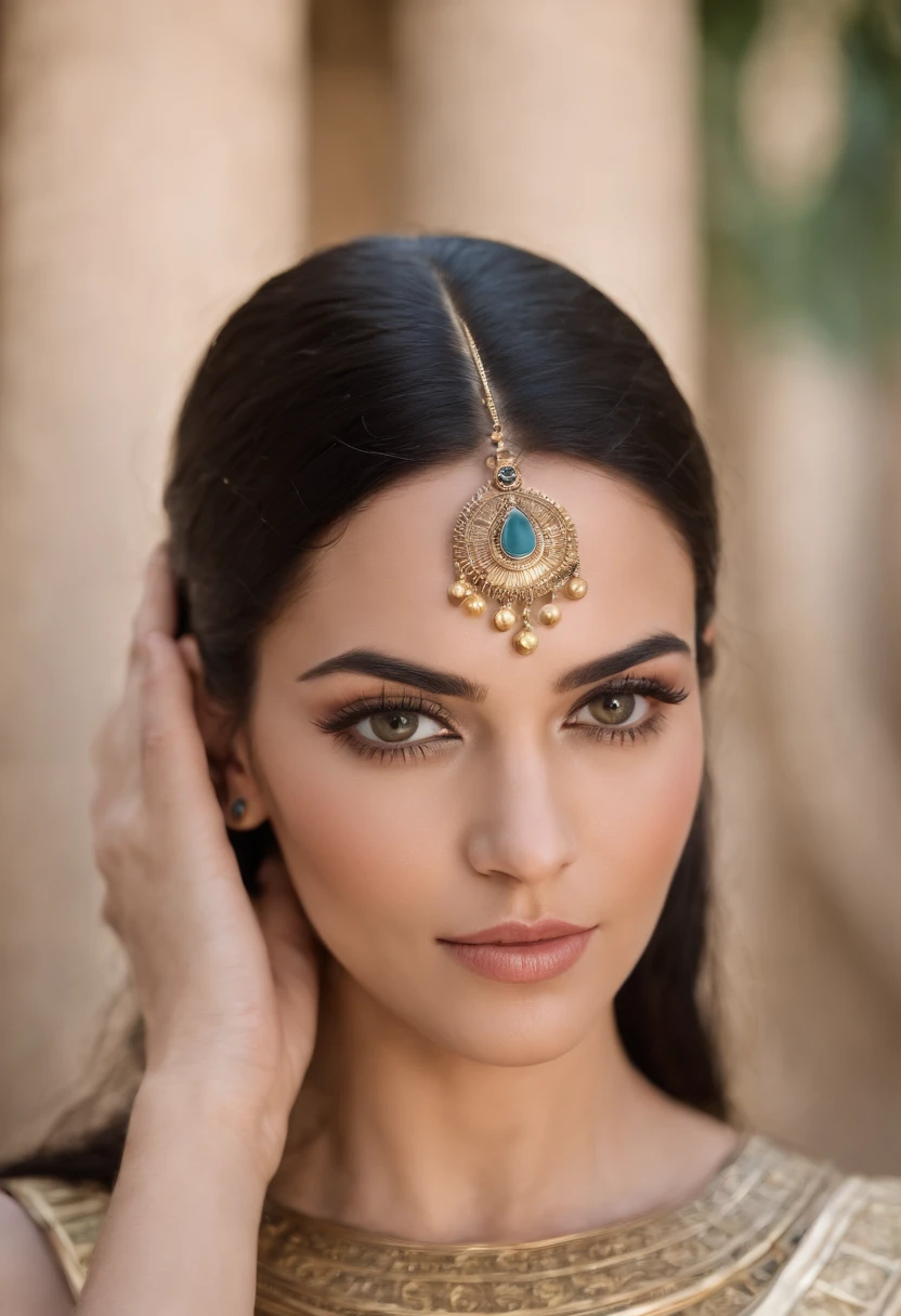 Adult Egyptian woman, Yeux verts, black hair strands, Maquillage, Haut du corps, Regarder le spectateur, detailed background, face detailed, OldEgyptAI, Ancient Egyptian theme, (Style 35mm:1.1), front, шедевр, , lighting cinematic, (Fotorrealista :1,5), High frequency details, frontal